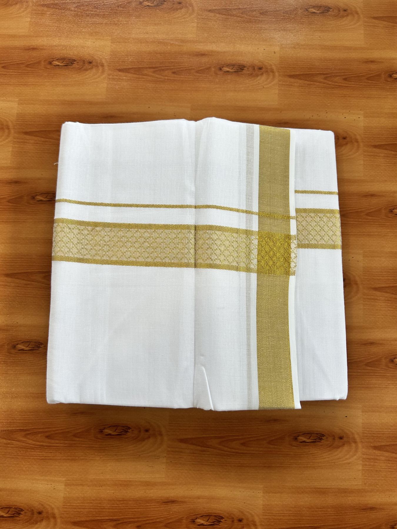 Double Pure White Mundu/Dhoti - 20% Discount!! Kaitharikada Balaramapuram Pure Cotton - 60s - 1.5 inch Gold Kasav Jacquard Design Kara 4 mtr (8.5 Muzham) - 10 KK5406 GAN