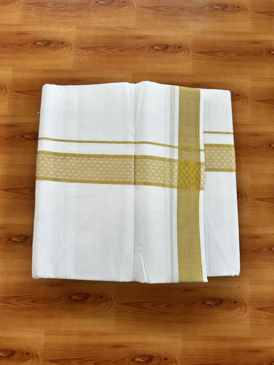 Double Pure White Mundu/Dhoti - 20% Discount!! Kaitharikada Balaramapuram Pure Cotton - 60s - 1.5 inch Gold Kasav Jacquard Design Kara 4 mtr (8.5 Muzham) - 10 KK5406 GAN