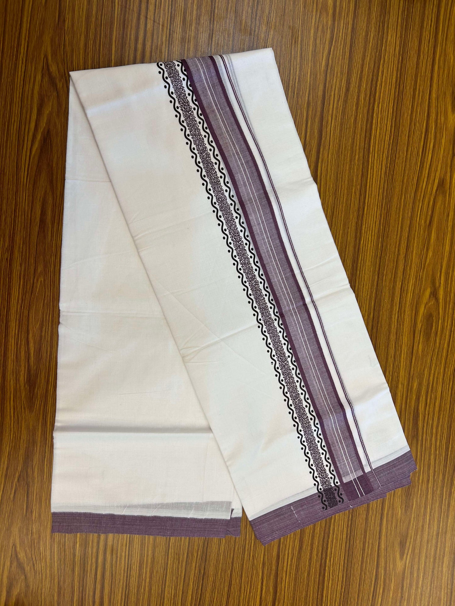 20% Discount ! KaithariKada Balaramapuram Cotton Double Pure white Mundu/Dhoti- 60s - 2.5 inch Purple Printed Shaded Stripes Design Kara - 3.65 mtr (8 muzham) - 30 KK5309 GAN