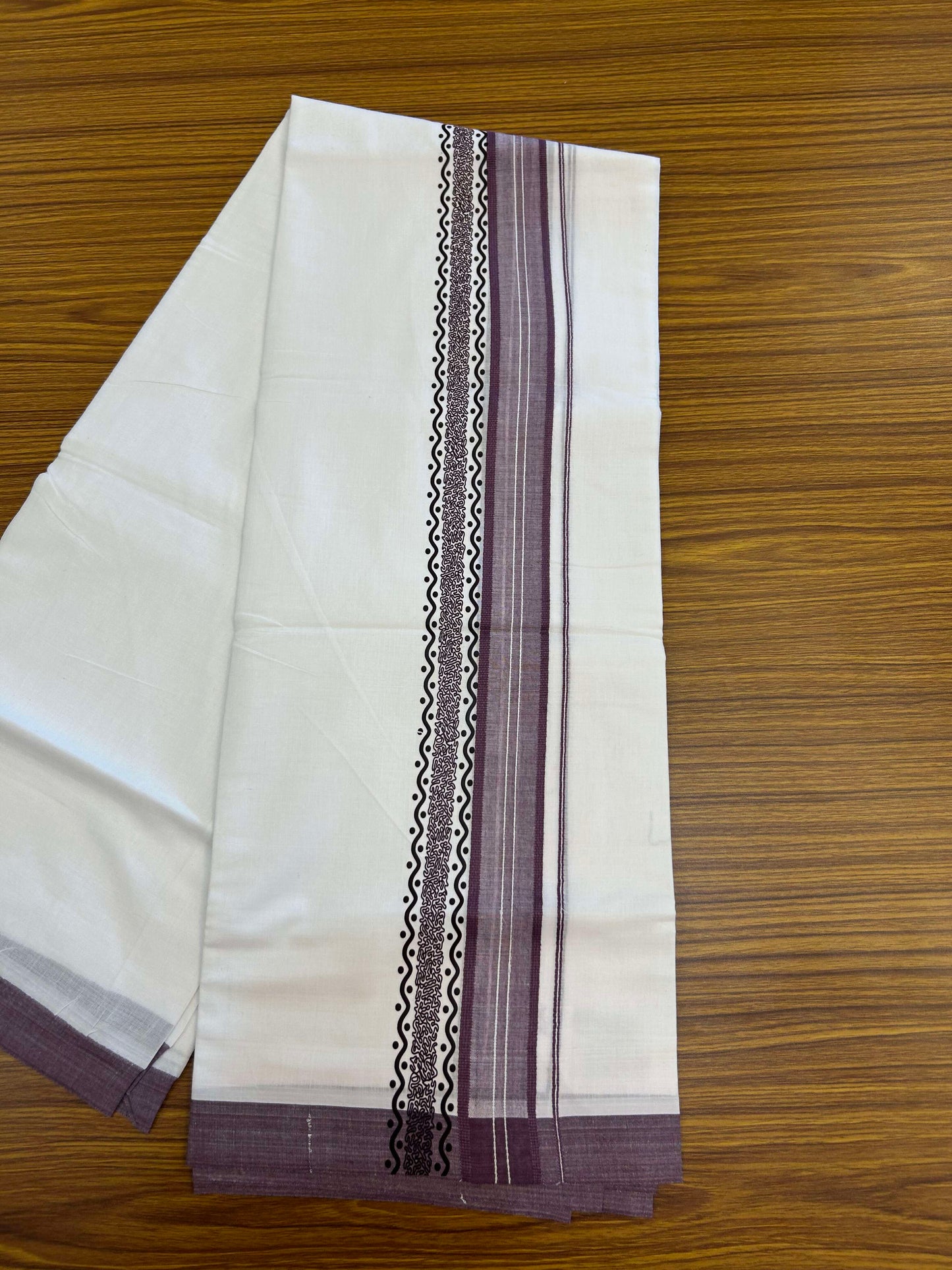 20% Discount ! KaithariKada Balaramapuram Cotton Double Pure white Mundu/Dhoti- 60s - 2.5 inch Purple Printed Shaded Stripes Design Kara - 3.65 mtr (8 muzham) - 30 KK5309 GAN