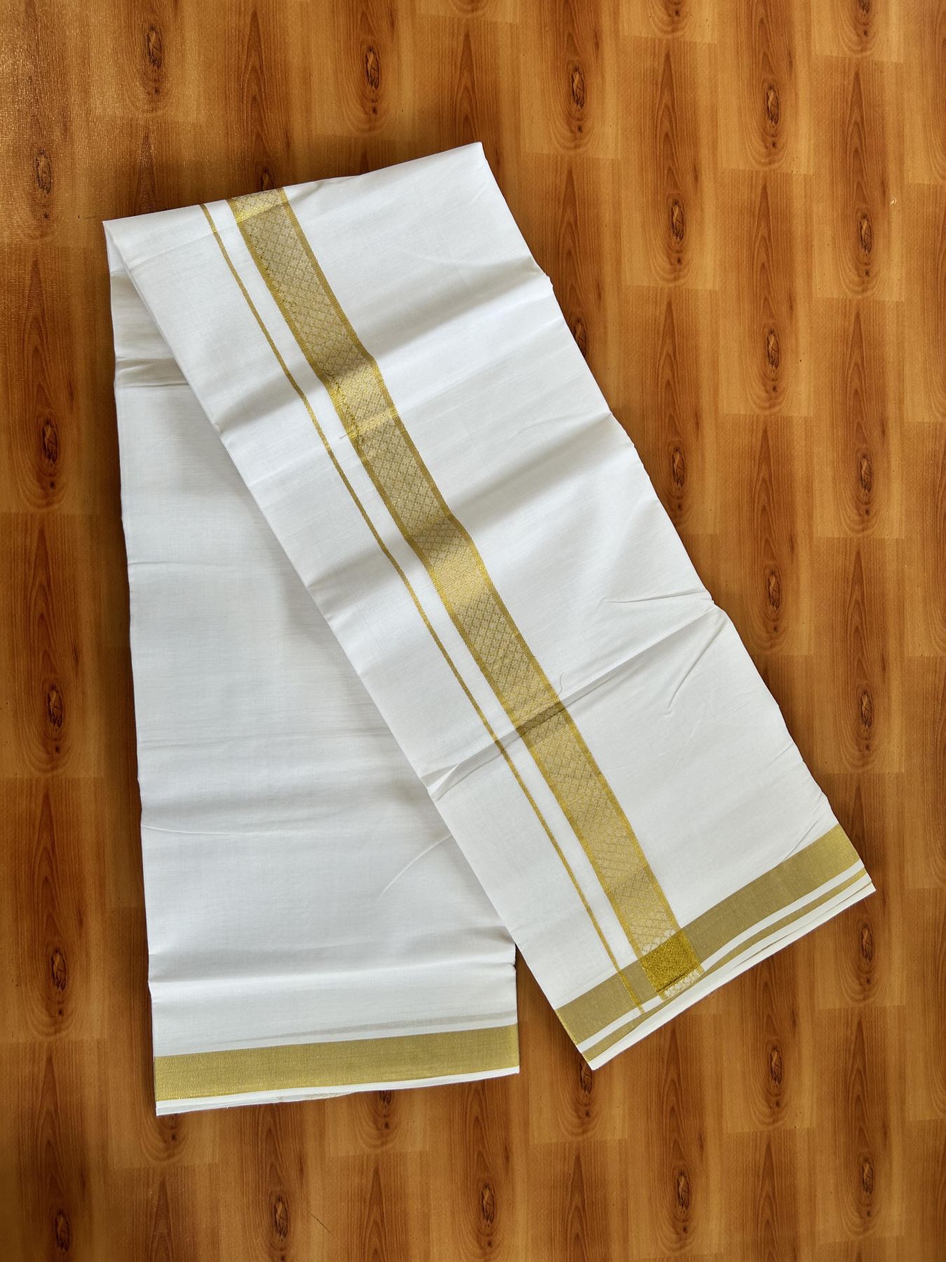 Double Pure White Mundu/Dhoti - 20% Discount!! Kaitharikada Balaramapuram Pure Cotton - 60s - 1.5 inch Gold Kasav Jacquard Design Kara 4 mtr (8.5 Muzham) - 10 KK5406 GAN