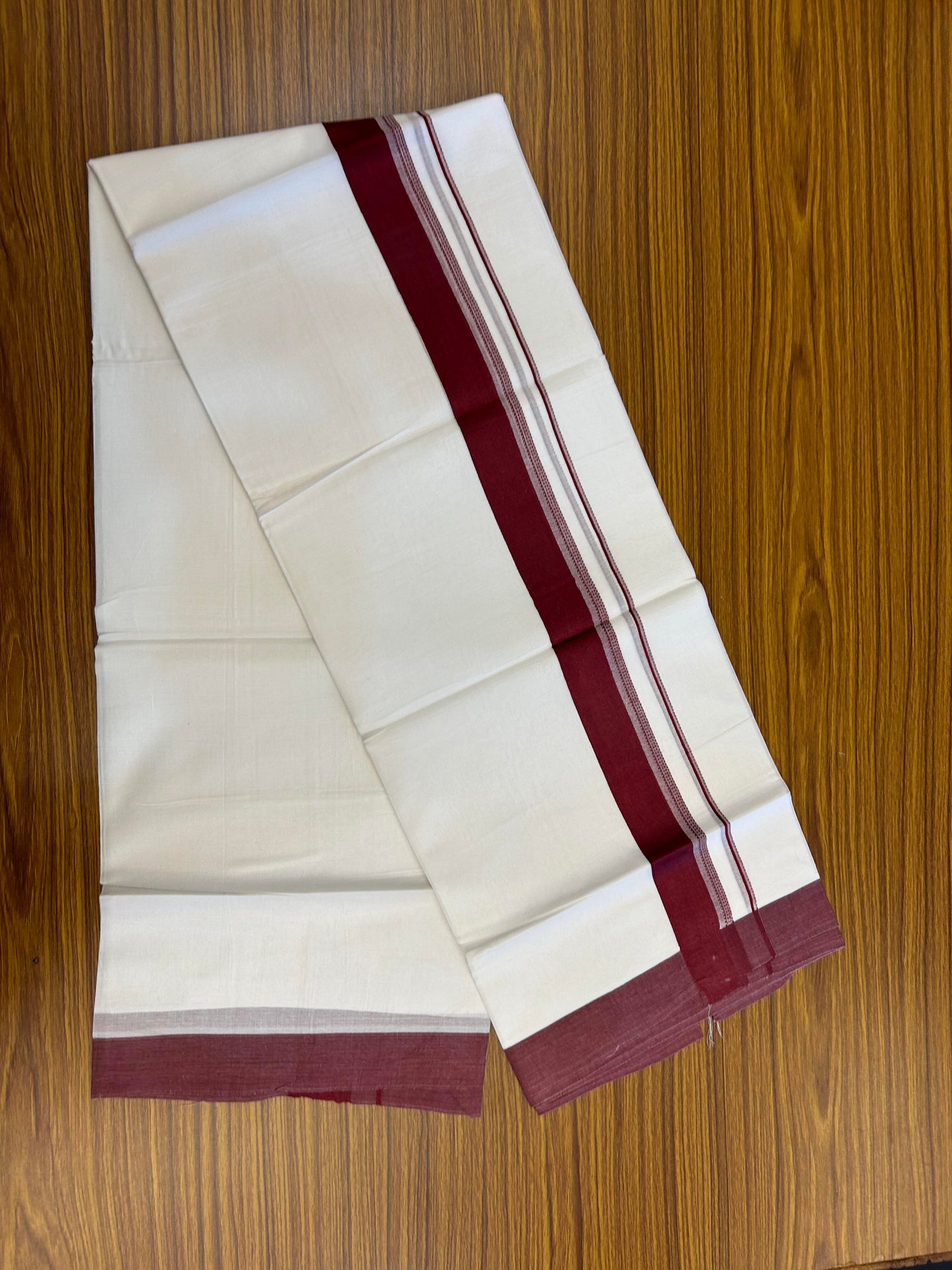 20% Discount ! Kaitharikada Balaramapuram 100% Cotton Pure White Double Mundu/Dothi - 100x80 - 1.5 inch Maroon Shaded Stripes Kara 3.90 m (8 muzham) - 52 KK5364 MC