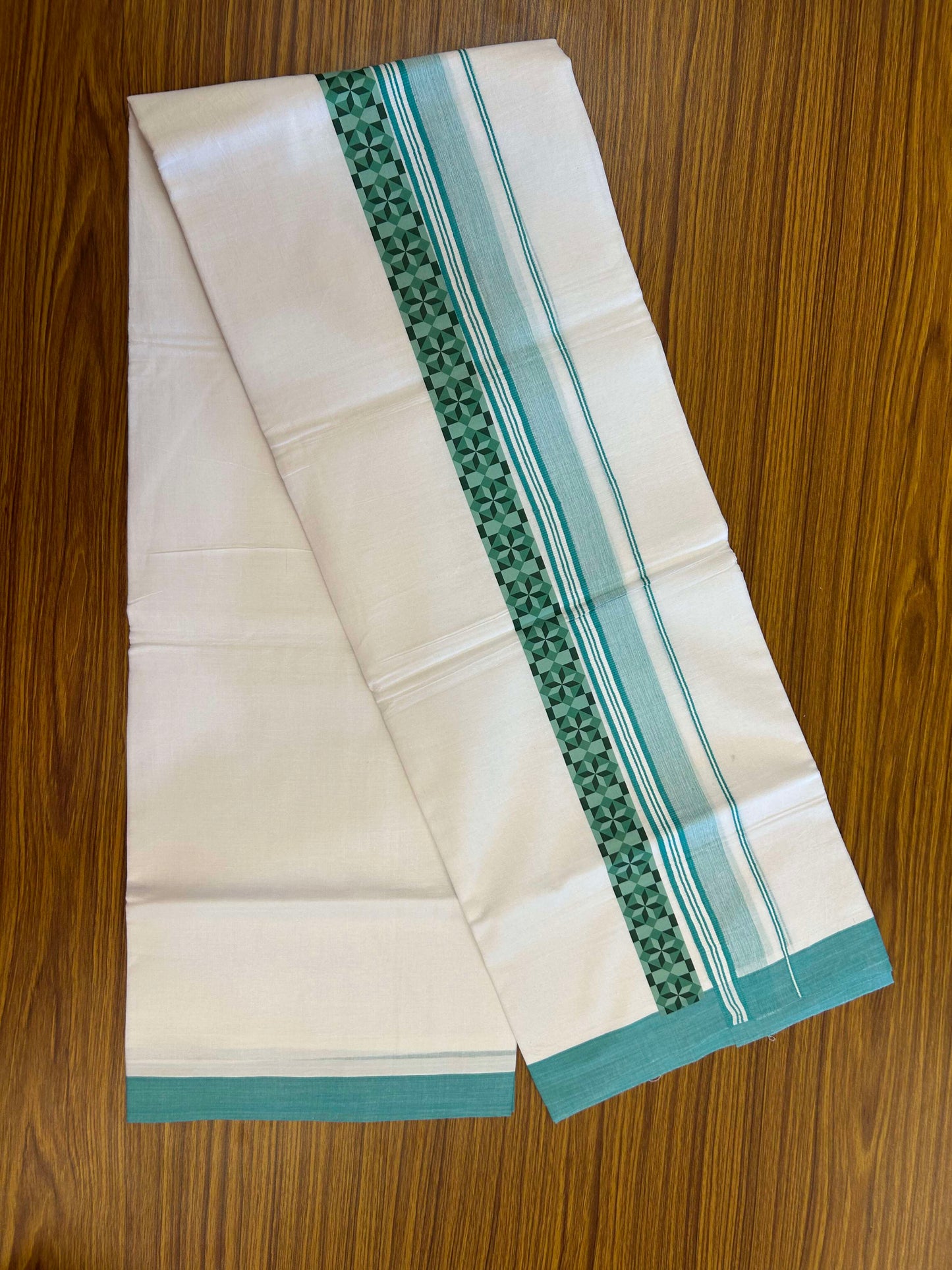 20% Discount ! KaithariKada Balaramapuram Cotton Double Pure white Mundu/Dhoti- 60s - 2.5 inch Turquoise Green & Dark Green Printed Shaded Stripes Design Kara - 3.65 mtr (8 muzham) - 31 KK5309 GAN