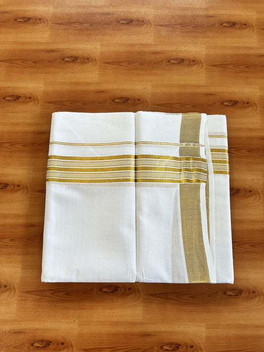 Double Pure White Mundu/Dhoti - 20% Discount!! Kaitharikada Balaramapuram Pure Cotton - 100s - 1.75 inch Gold Kasav Stripes Kara 4 mtr (8.5 Muzham) - 16 KK5406 GAN