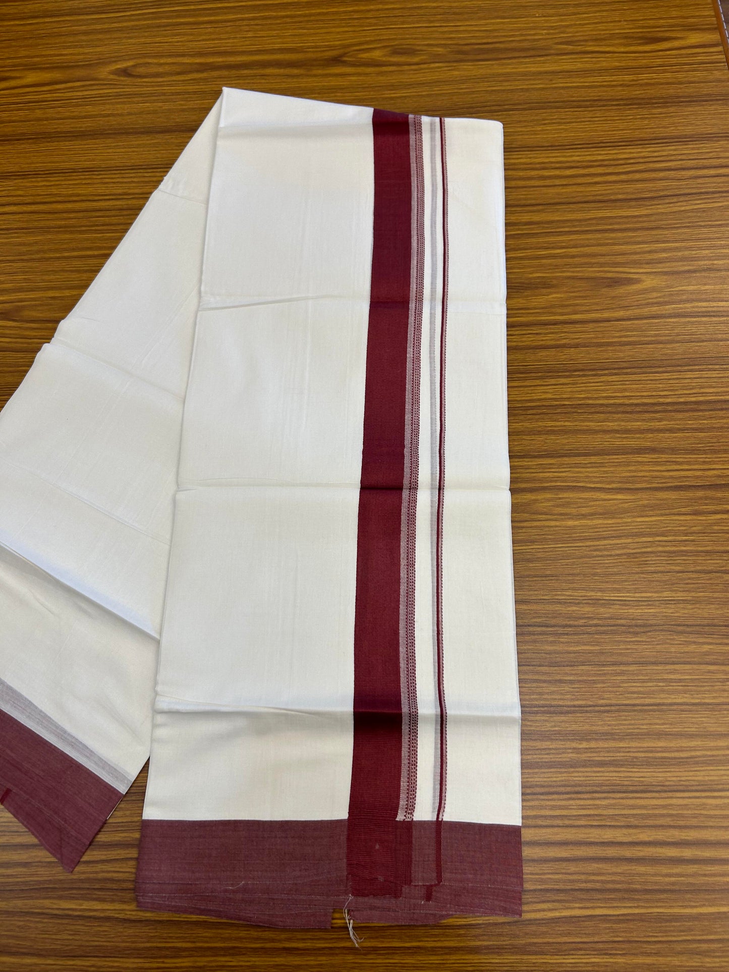 20% Discount ! Kaitharikada Balaramapuram 100% Cotton Pure White Double Mundu/Dothi - 100x80 - 1.5 inch Maroon Shaded Stripes Kara 3.90 m (8 muzham) - 52 KK5364 MC