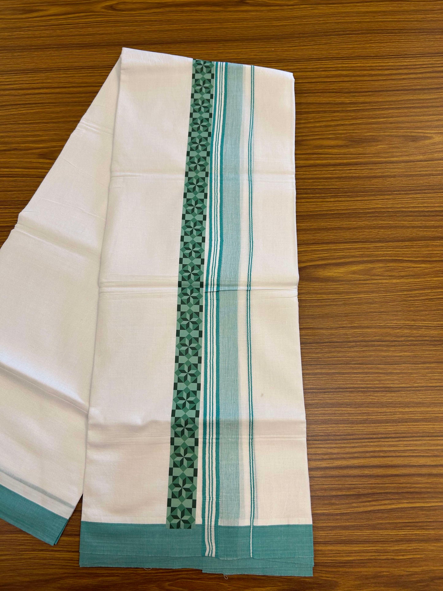 20% Discount ! KaithariKada Balaramapuram Cotton Double Pure white Mundu/Dhoti- 60s - 2.5 inch Turquoise Green & Dark Green Printed Shaded Stripes Design Kara - 3.65 mtr (8 muzham) - 31 KK5309 GAN