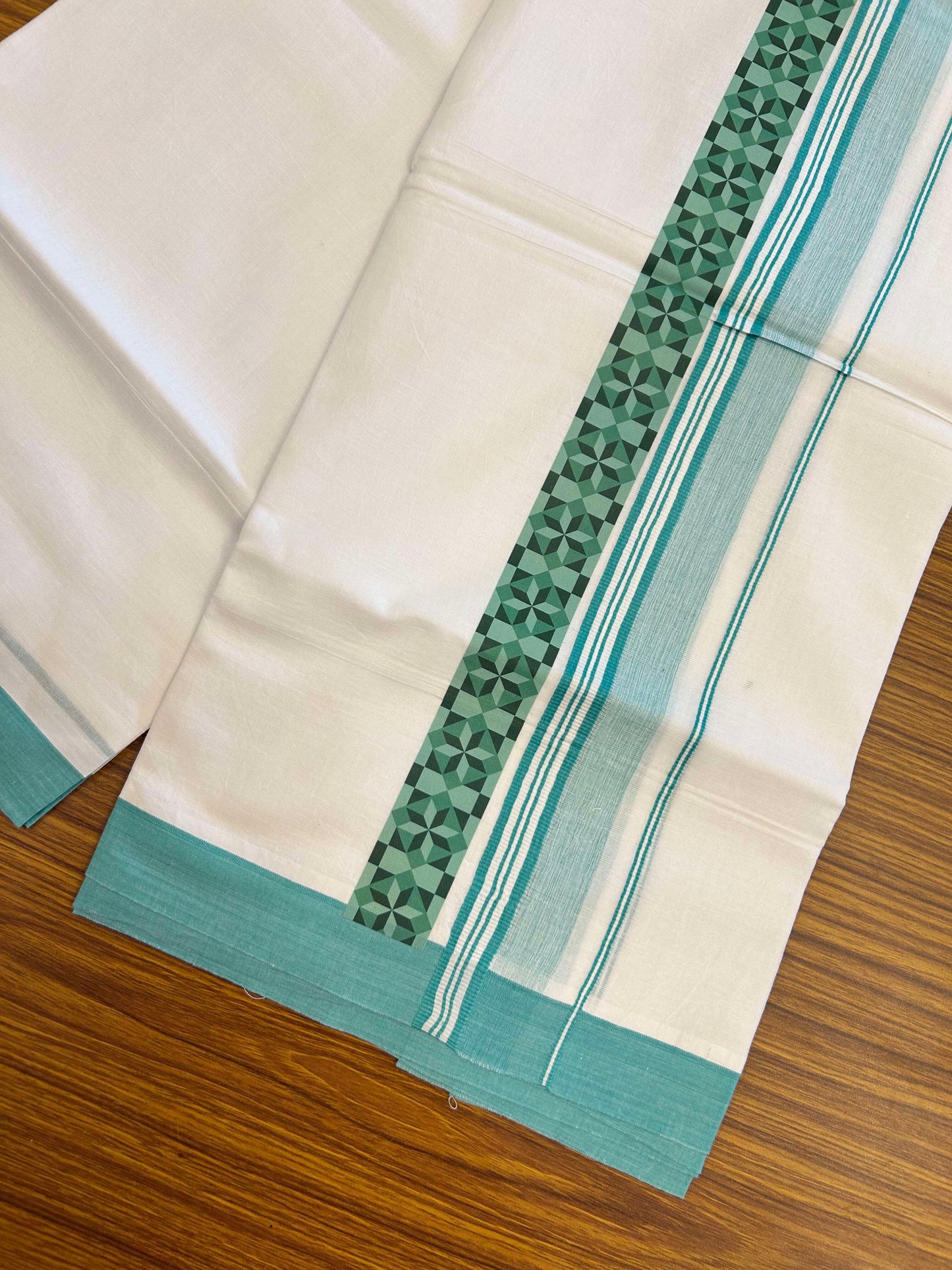 20% Discount ! KaithariKada Balaramapuram Cotton Double Pure white Mundu/Dhoti- 60s - 2.5 inch Turquoise Green & Dark Green Printed Shaded Stripes Design Kara - 3.65 mtr (8 muzham) - 31 KK5309 GAN