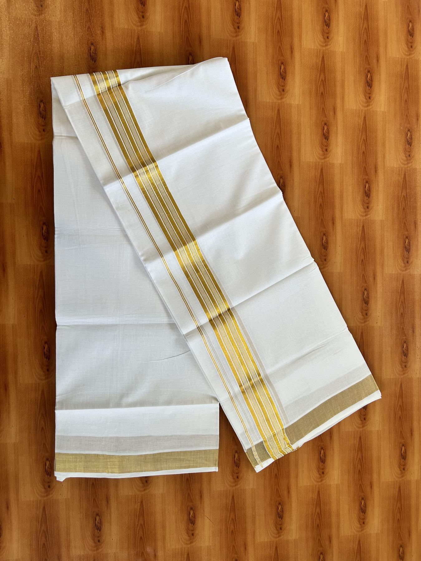 Double Pure White Mundu/Dhoti - 20% Discount!! Kaitharikada Balaramapuram Pure Cotton - 100s - 1.75 inch Gold Kasav Stripes Kara 4 mtr (8.5 Muzham) - 16 KK5406 GAN