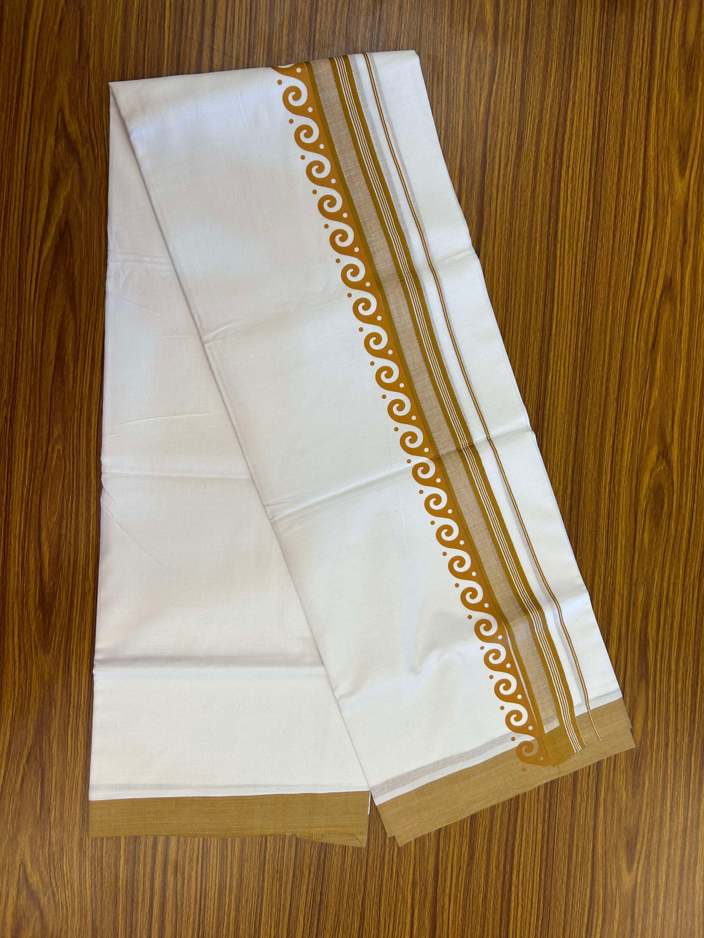 20% Discount ! KaithariKada Balaramapuram Cotton Double Pure white Mundu/Dhoti- 60s - 2.5 inch Mustard Yellow Printed Shaded Stripes Design Kara - 3.65 mtr (8 muzham) - 32 KK5309 GAN