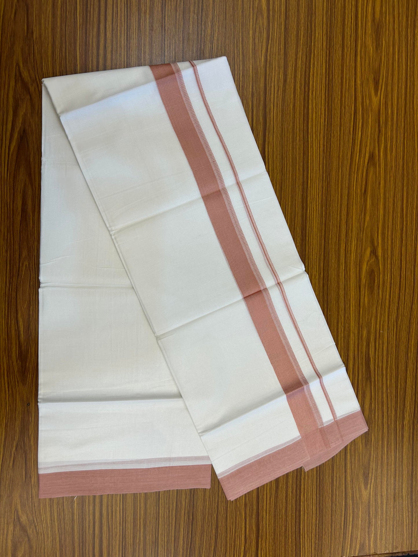 20% Discount ! Kaitharikada Balaramapuram 100% Cotton Pure White Double Mundu/Dothi - 100x80 - 1.5 inch Pinkish Peach Shaded Stripes Kara 3.90 m (8 muzham) - 53 KK5364 MC