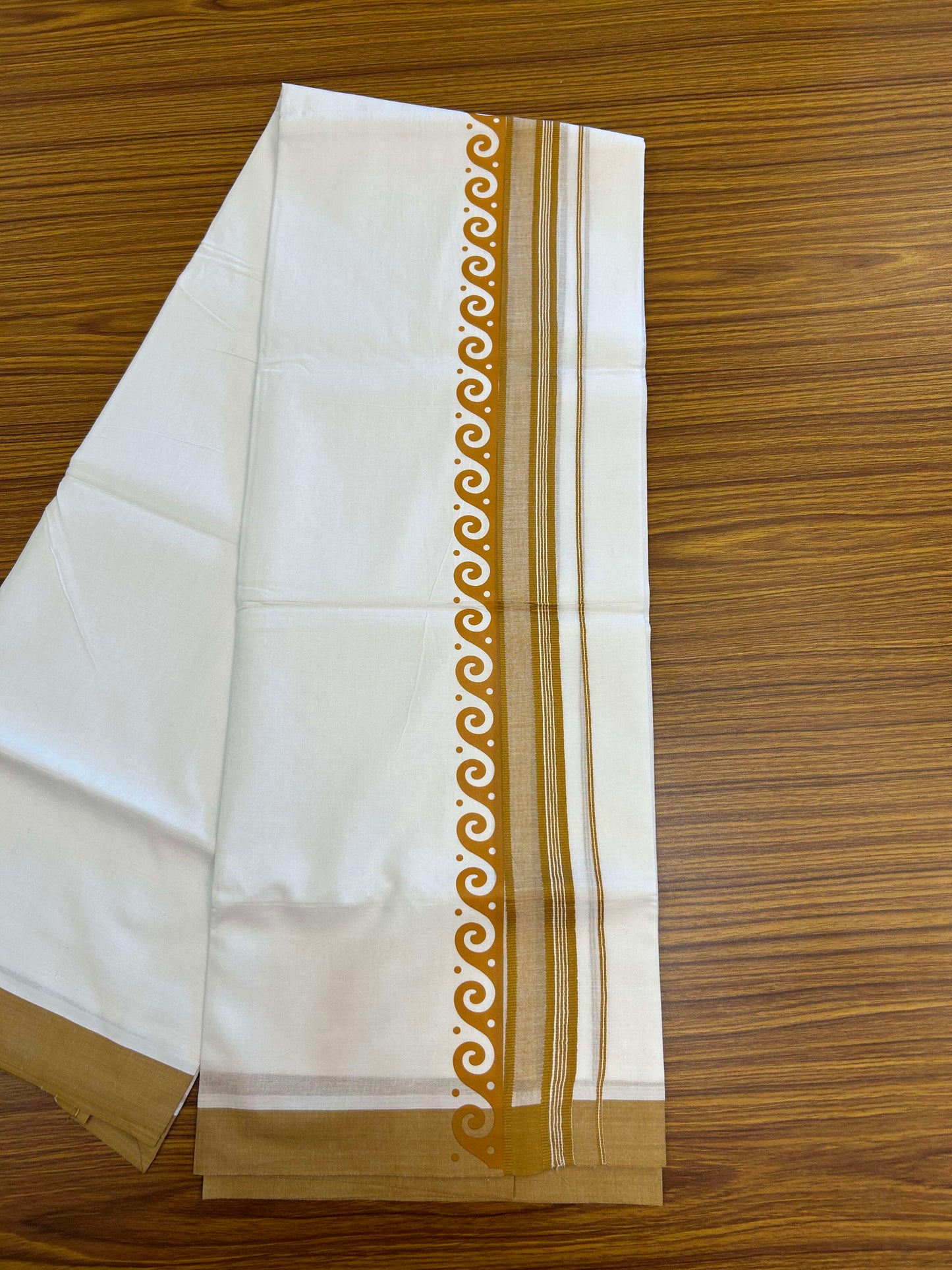 20% Discount ! KaithariKada Balaramapuram Cotton Double Pure white Mundu/Dhoti- 60s - 2.5 inch Mustard Yellow Printed Shaded Stripes Design Kara - 3.65 mtr (8 muzham) - 32 KK5309 GAN