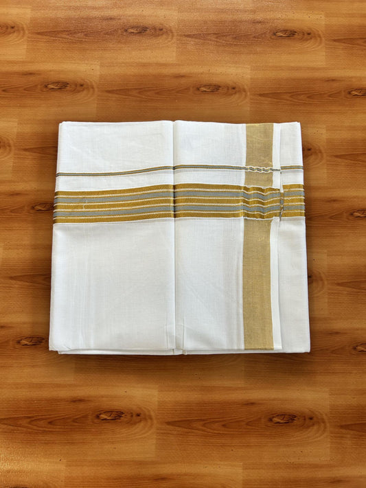 Double Pure White Mundu/Dhoti - 20% Discount!! Kaitharikada Balaramapuram Pure Cotton - 100s - 1.25 inch Ash Blue & Gold Kasav Stripes Kara 4 mtr (8.5 Muzham) - 14 KK5406 GAN