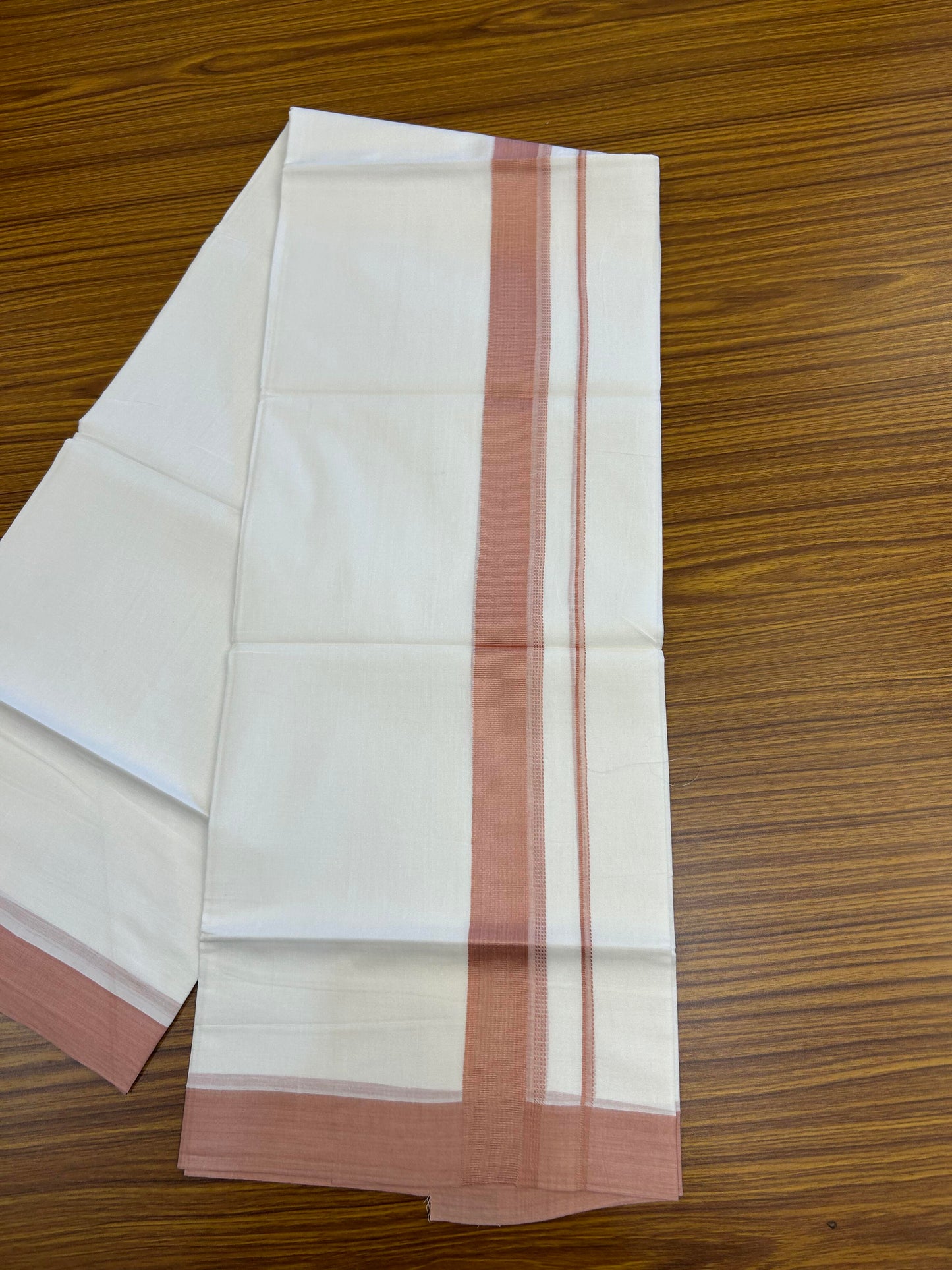 20% Discount ! Kaitharikada Balaramapuram 100% Cotton Pure White Double Mundu/Dothi - 100x80 - 1.5 inch Pinkish Peach Shaded Stripes Kara 3.90 m (8 muzham) - 53 KK5364 MC