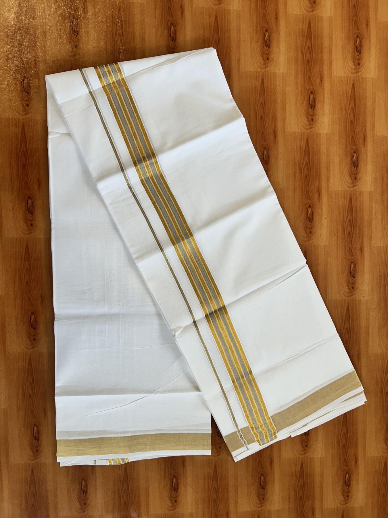 Double Pure White Mundu/Dhoti - 20% Discount!! Kaitharikada Balaramapuram Pure Cotton - 100s - 1.25 inch Ash Blue & Gold Kasav Stripes Kara 4 mtr (8.5 Muzham) - 14 KK5406 GAN