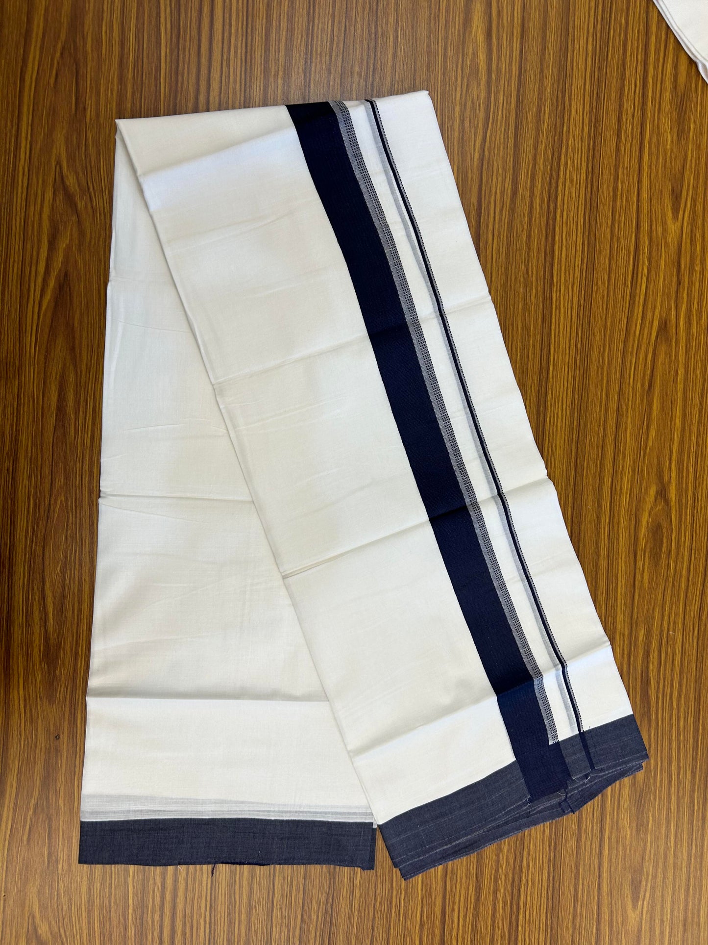 20% Discount ! Kaitharikada Balaramapuram 100% Cotton Pure White Double Mundu/Dothi - 100x80 - 1.5 inch Navy Blue Shaded Stripes Kara 3.90 m (8 muzham) - 54 KK5364 MC