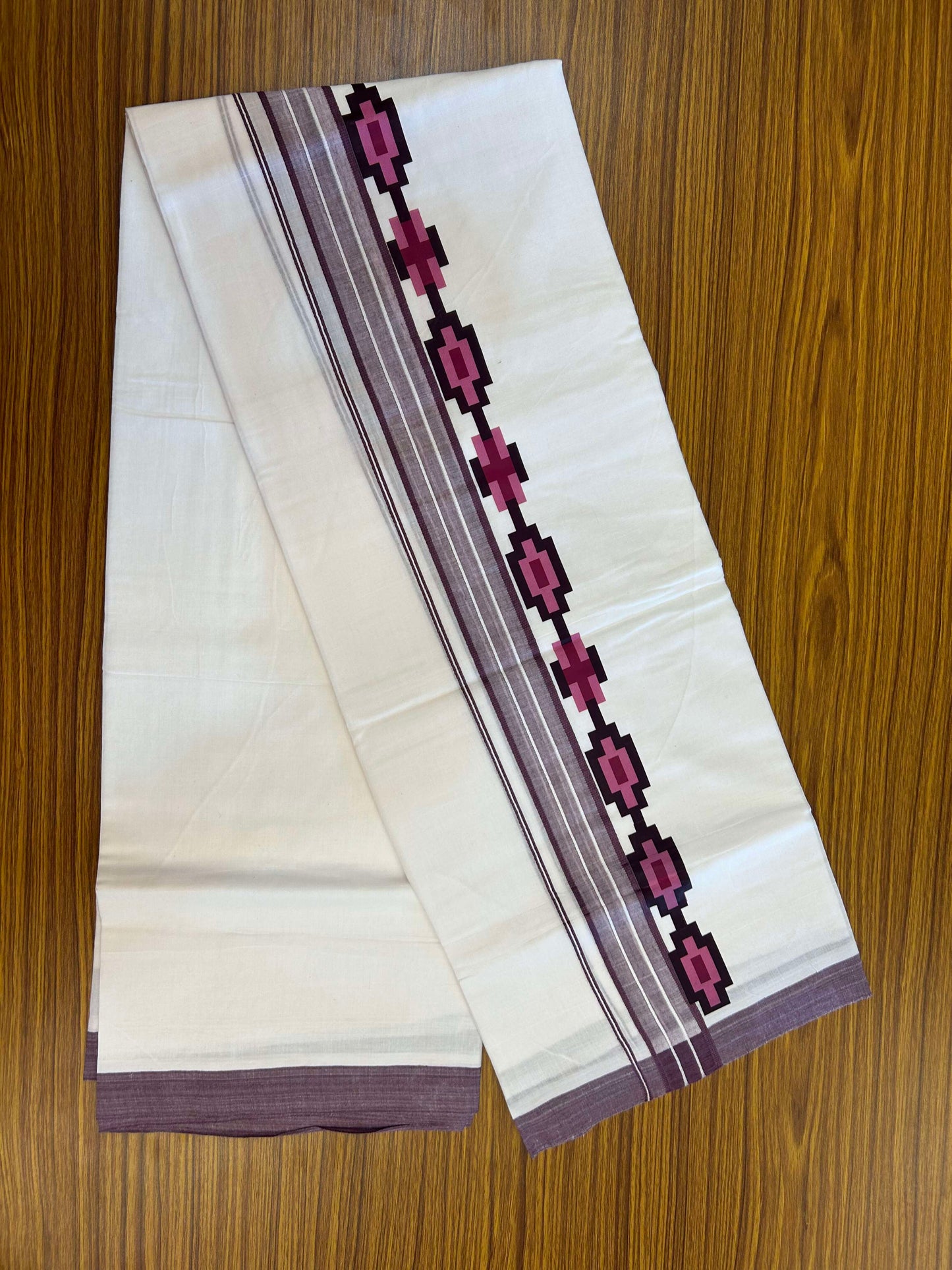 20% Discount ! KaithariKada Balaramapuram Cotton Double Pure white Mundu/Dhoti- 60s - 2.5 inch Navy Ash Lavander & Purple Printed Shaded Stripes Design Kara - 3.65 mtr (8 muzham) - 34 KK5309 GAN