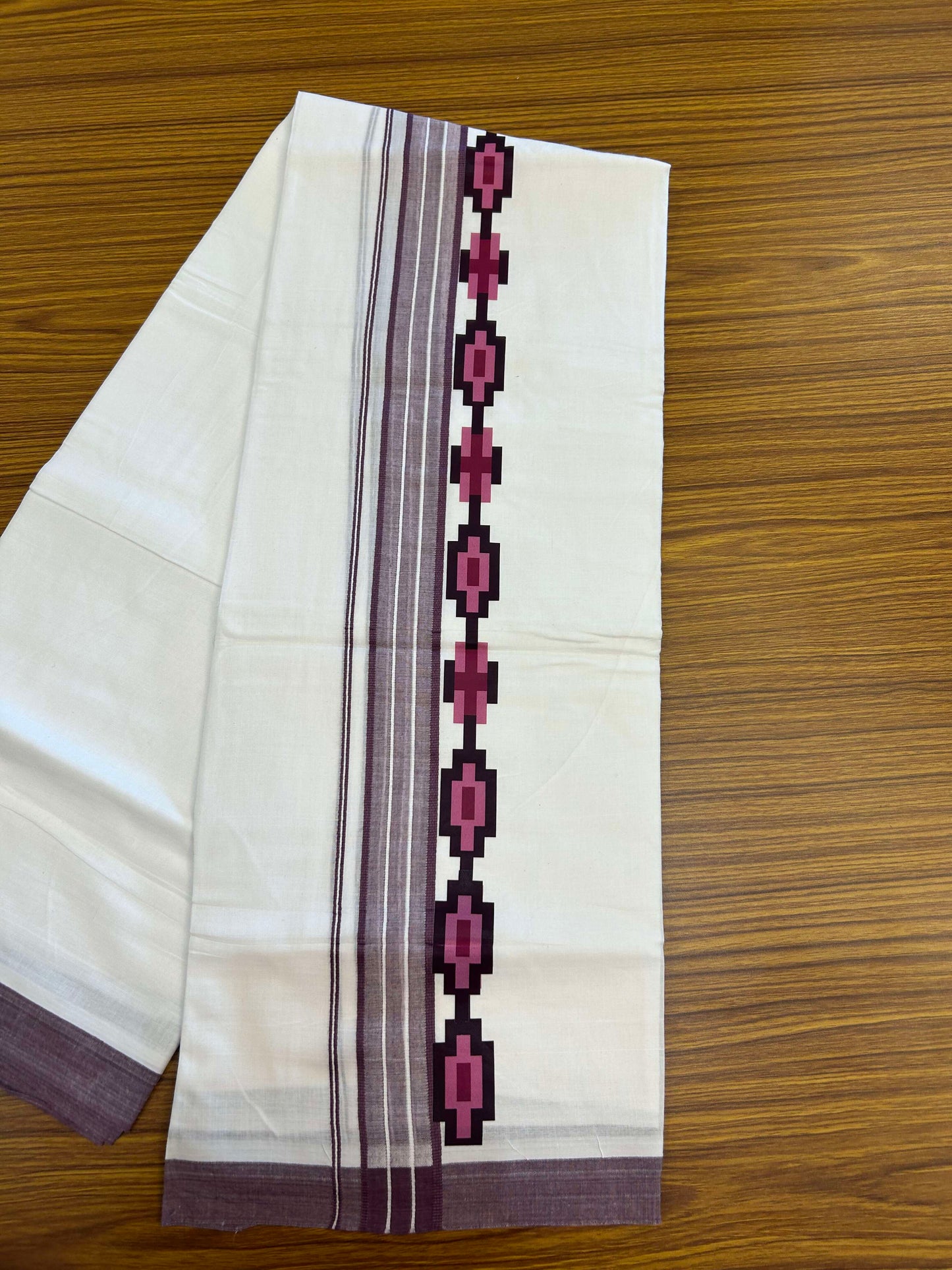 20% Discount ! KaithariKada Balaramapuram Cotton Double Pure white Mundu/Dhoti- 60s - 2.5 inch Navy Ash Lavander & Purple Printed Shaded Stripes Design Kara - 3.65 mtr (8 muzham) - 34 KK5309 GAN