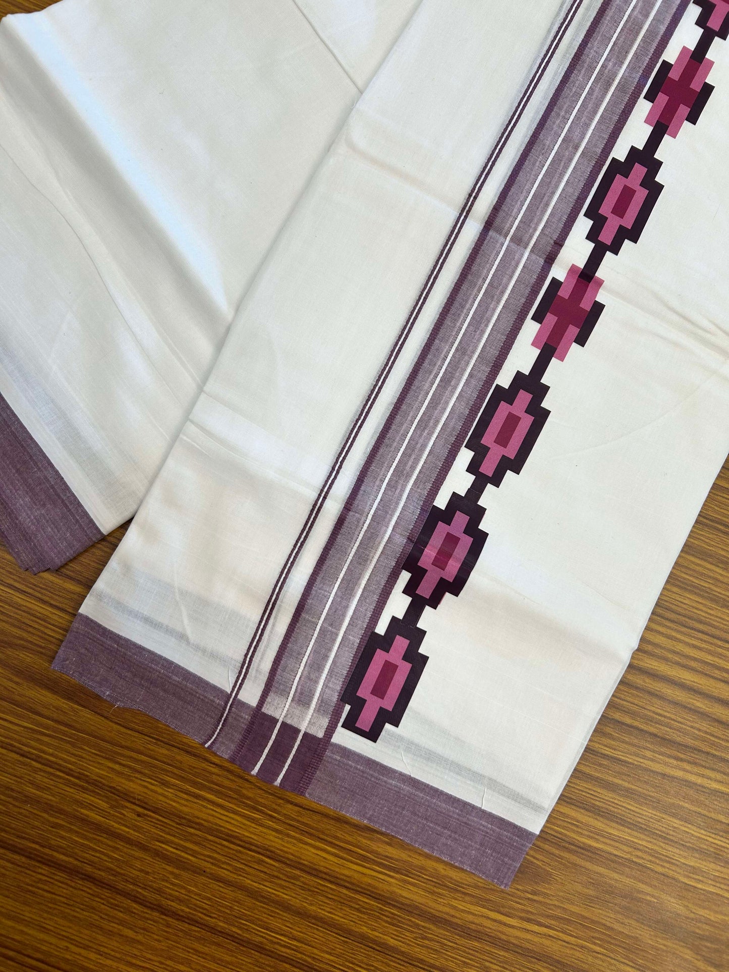 20% Discount ! KaithariKada Balaramapuram Cotton Double Pure white Mundu/Dhoti- 60s - 2.5 inch Navy Ash Lavander & Purple Printed Shaded Stripes Design Kara - 3.65 mtr (8 muzham) - 34 KK5309 GAN