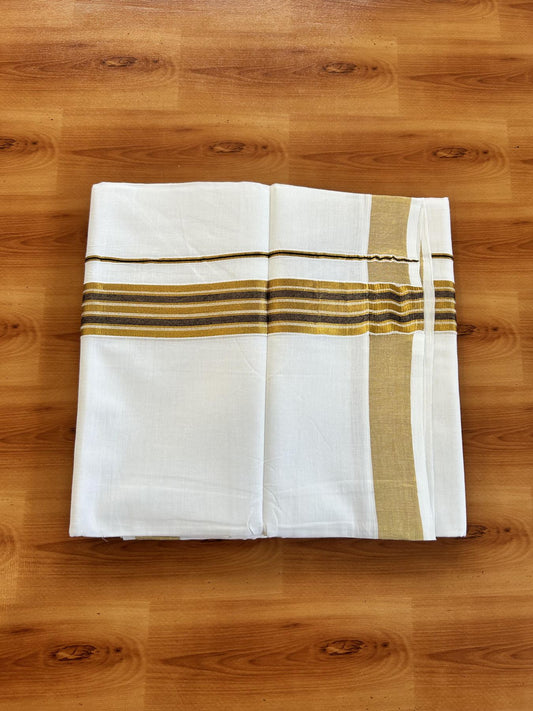 Double Pure White Mundu/Dhoti - 20% Discount!! Kaitharikada Balaramapuram Pure Cotton - 100s - 1.25 inch Navy Blue & Gold Kasav Stripes Kara 4 mtr (8.5 Muzham) - 13 KK5406 GAN