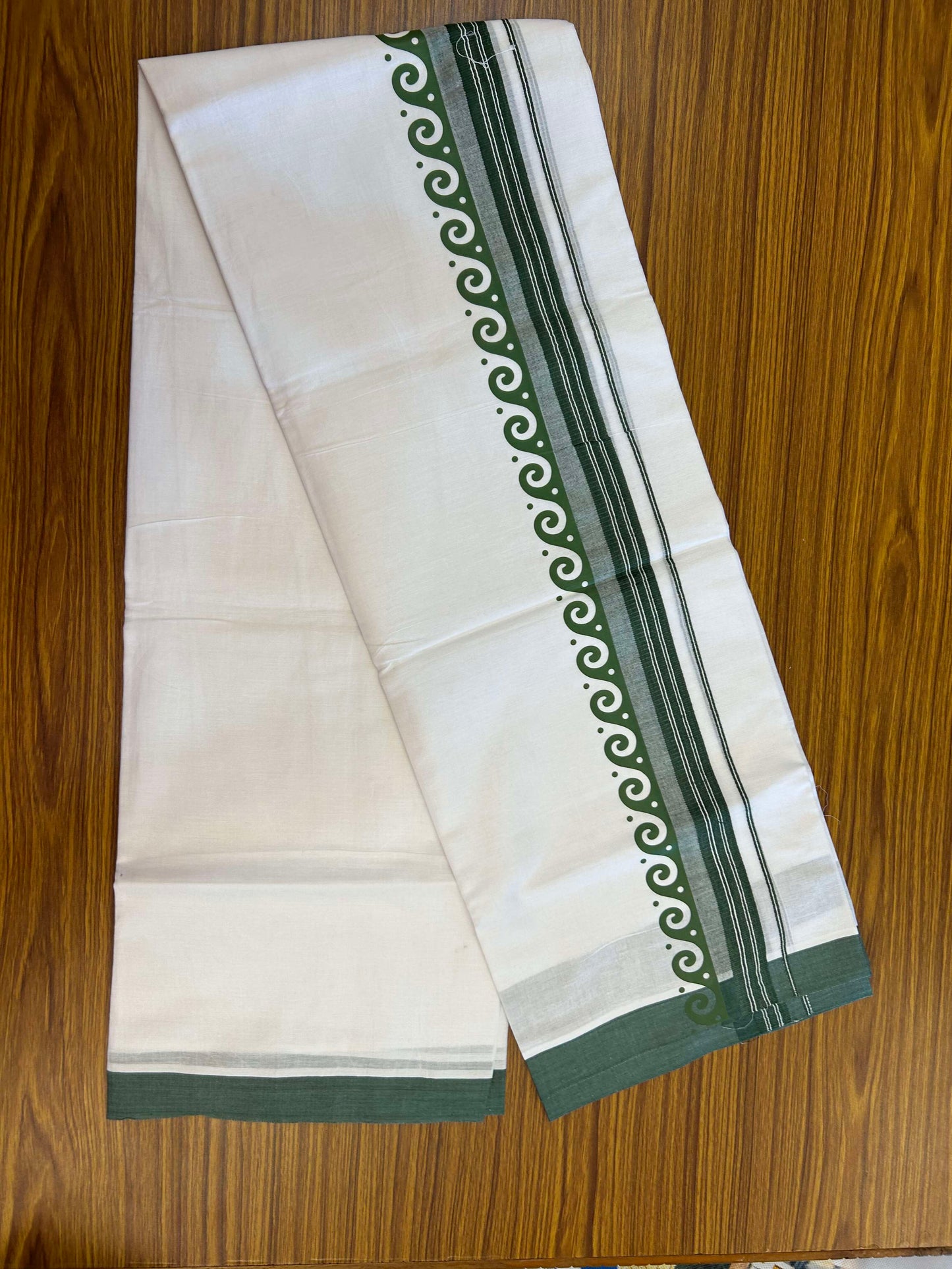 20% Discount ! KaithariKada Balaramapuram Cotton Double Pure white Mundu/Dhoti- 60s - 2.5 inch Green Printed Shaded Stripes Design Kara - 3.65 mtr (8 muzham) - 35 KK5309 GAN