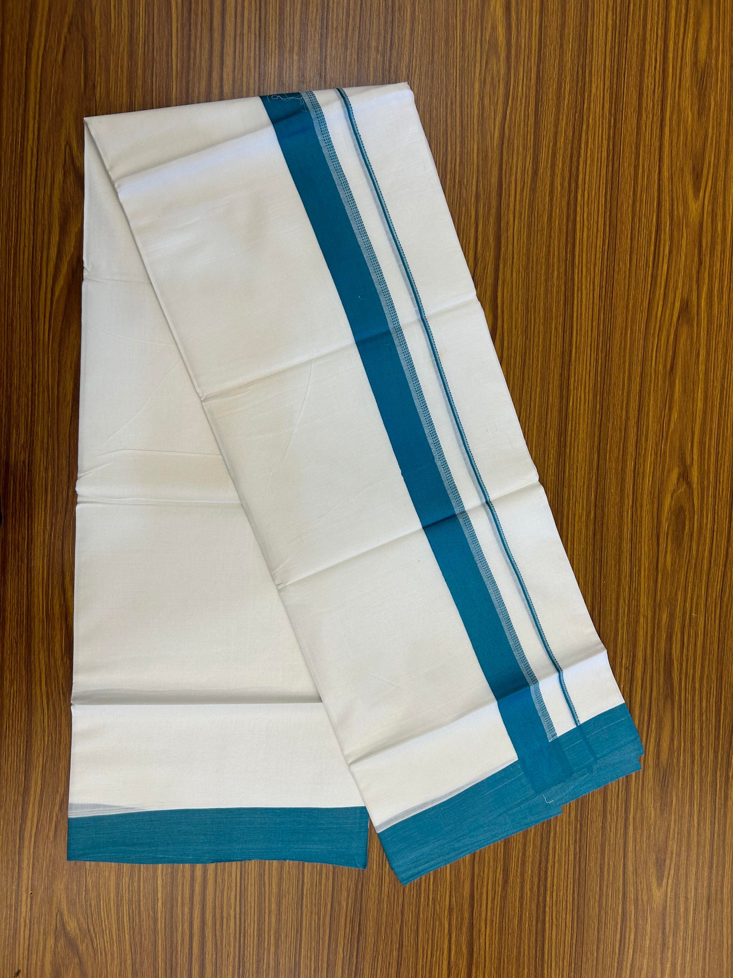 20% Discount ! Kaitharikada Balaramapuram 100% Cotton Pure White Double Mundu/Dothi - 100x80 - 1.5 inch Light Peacock Blue Shaded Stripes Kara 3.90 m (8 muzham) - 60 KK5364 MC