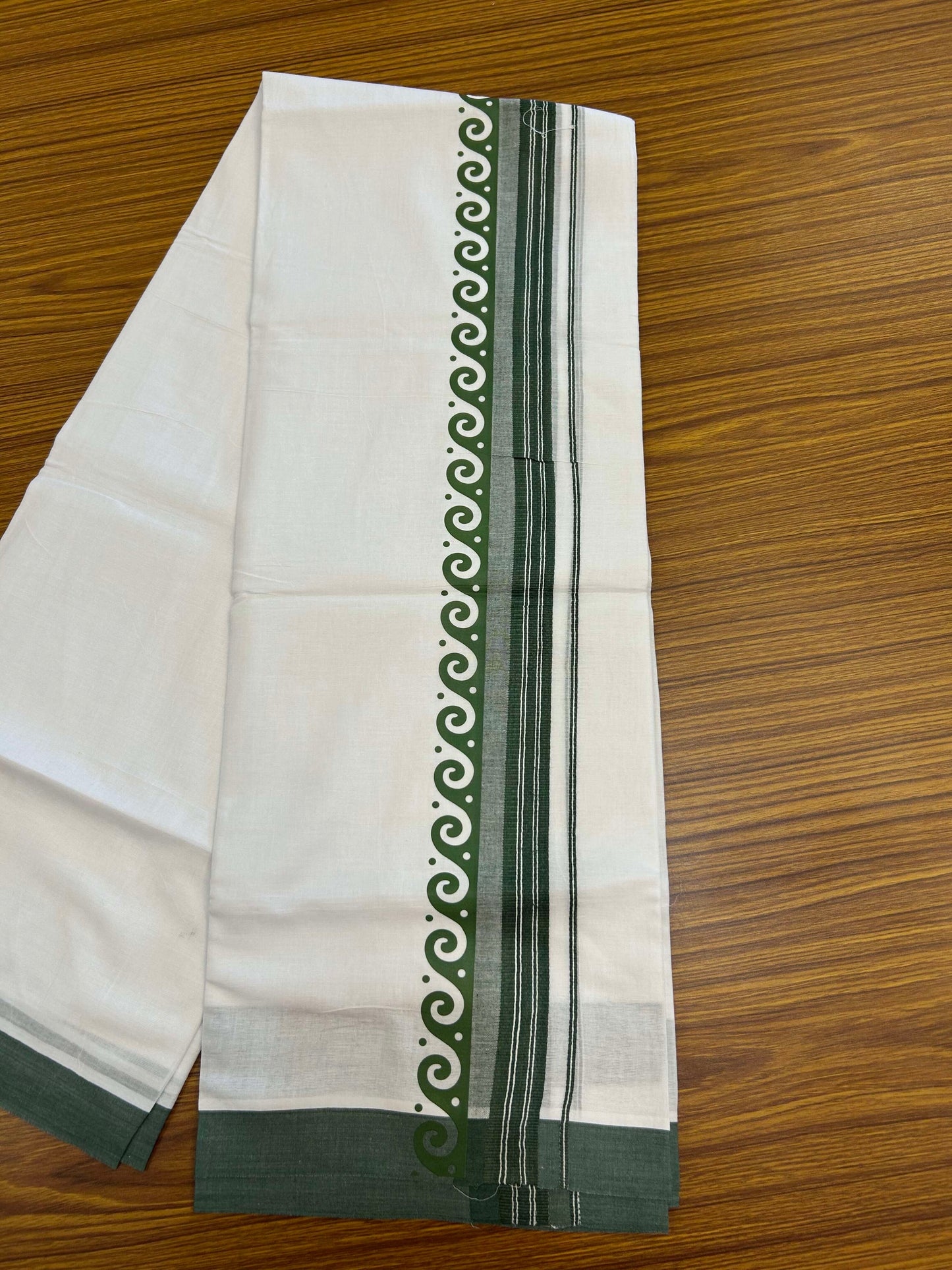 20% Discount ! KaithariKada Balaramapuram Cotton Double Pure white Mundu/Dhoti- 60s - 2.5 inch Green Printed Shaded Stripes Design Kara - 3.65 mtr (8 muzham) - 35 KK5309 GAN