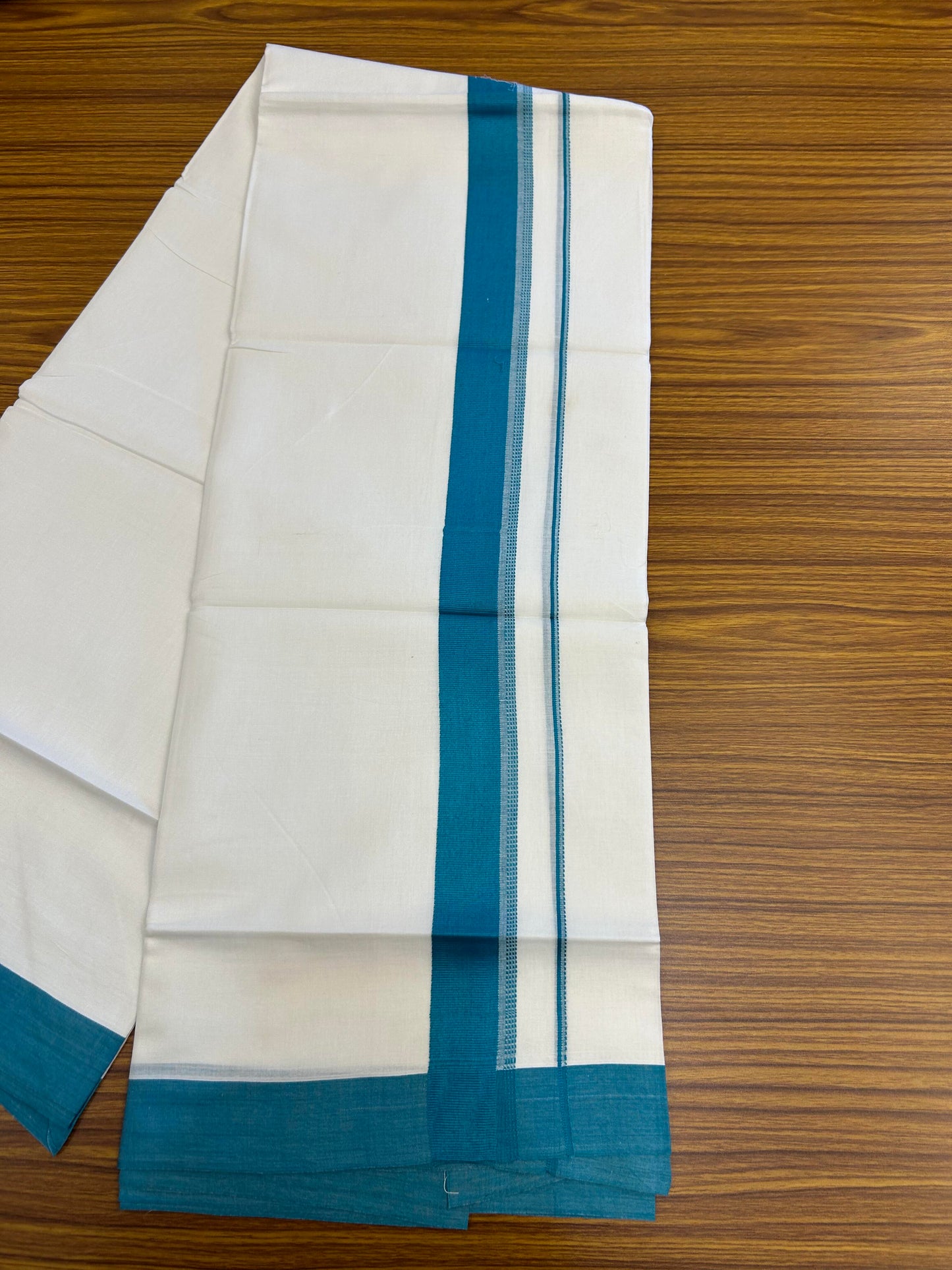 20% Discount ! Kaitharikada Balaramapuram 100% Cotton Pure White Double Mundu/Dothi - 100x80 - 1.5 inch Light Peacock Blue Shaded Stripes Kara 3.90 m (8 muzham) - 60 KK5364 MC