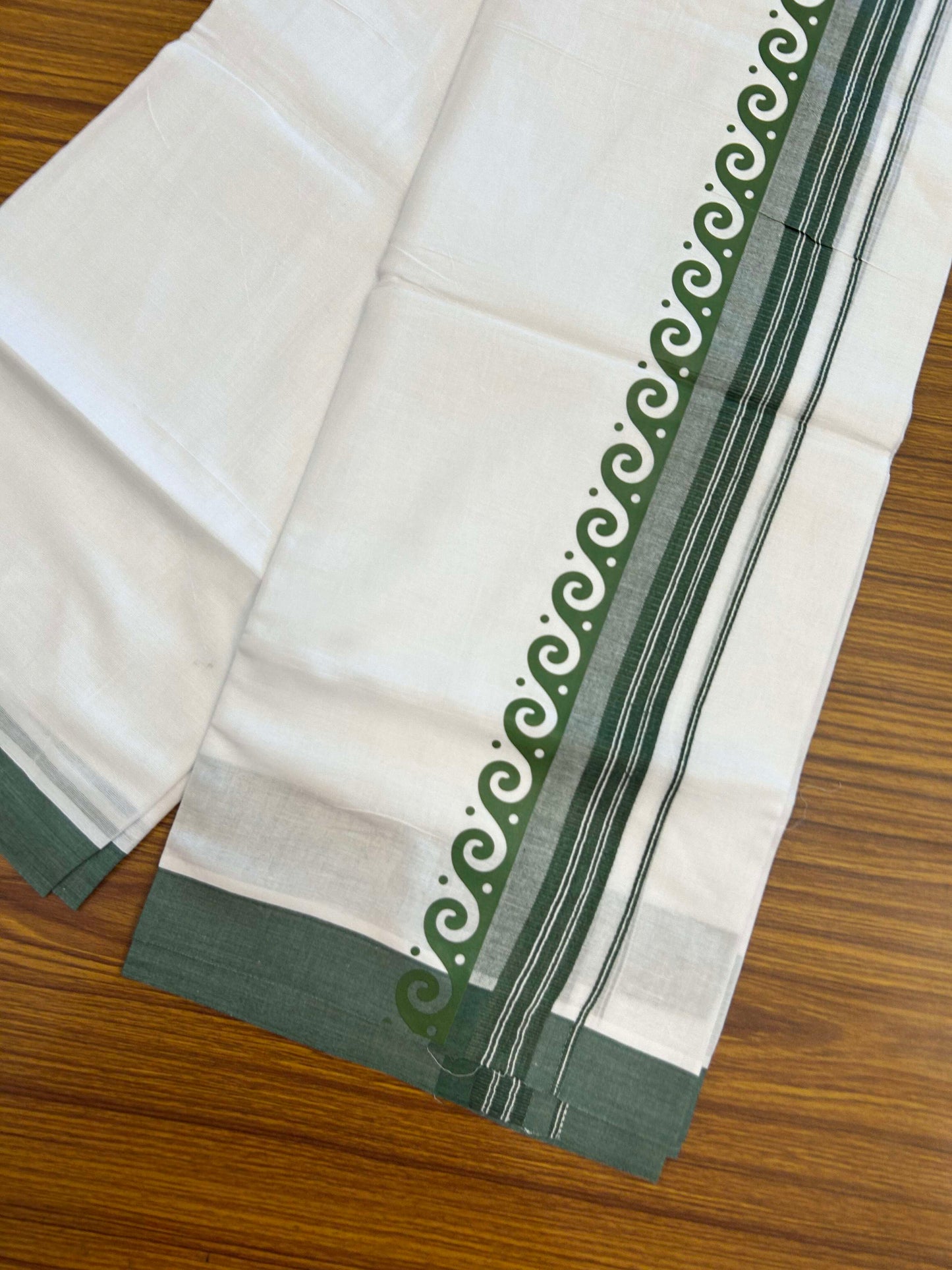 20% Discount ! KaithariKada Balaramapuram Cotton Double Pure white Mundu/Dhoti- 60s - 2.5 inch Green Printed Shaded Stripes Design Kara - 3.65 mtr (8 muzham) - 35 KK5309 GAN