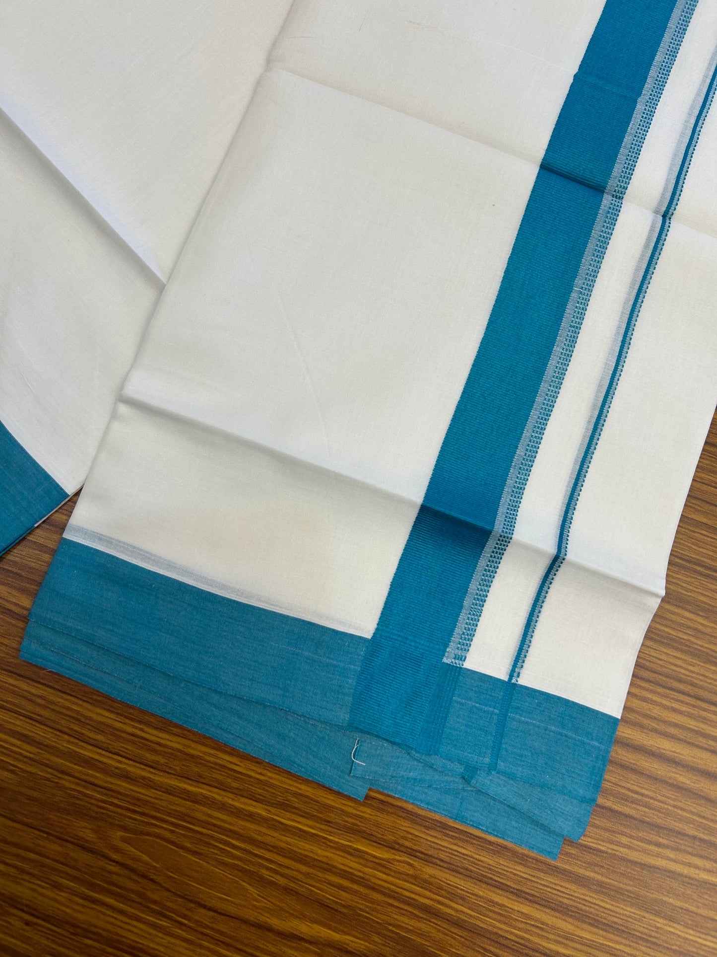 20% Discount ! Kaitharikada Balaramapuram 100% Cotton Pure White Double Mundu/Dothi - 100x80 - 1.5 inch Light Peacock Blue Shaded Stripes Kara 3.90 m (8 muzham) - 60 KK5364 MC