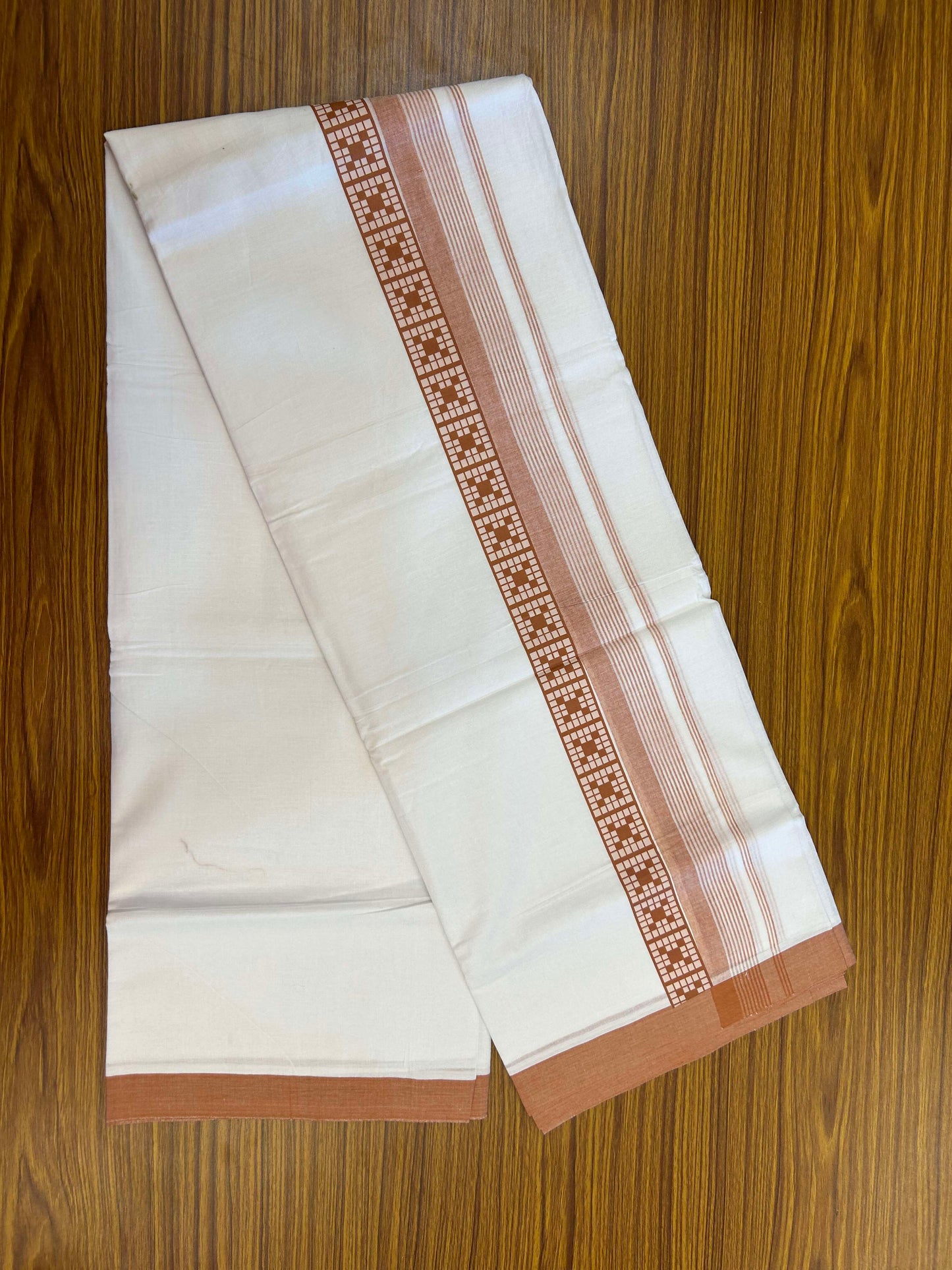 20% Discount ! KaithariKada Balaramapuram Cotton Double Pure white Mundu/Dhoti- 60s - 2.5 inch Brown Printed Shaded Stripes Design Kara - 3.65 mtr (8 muzham) - 36 KK5309 GAN
