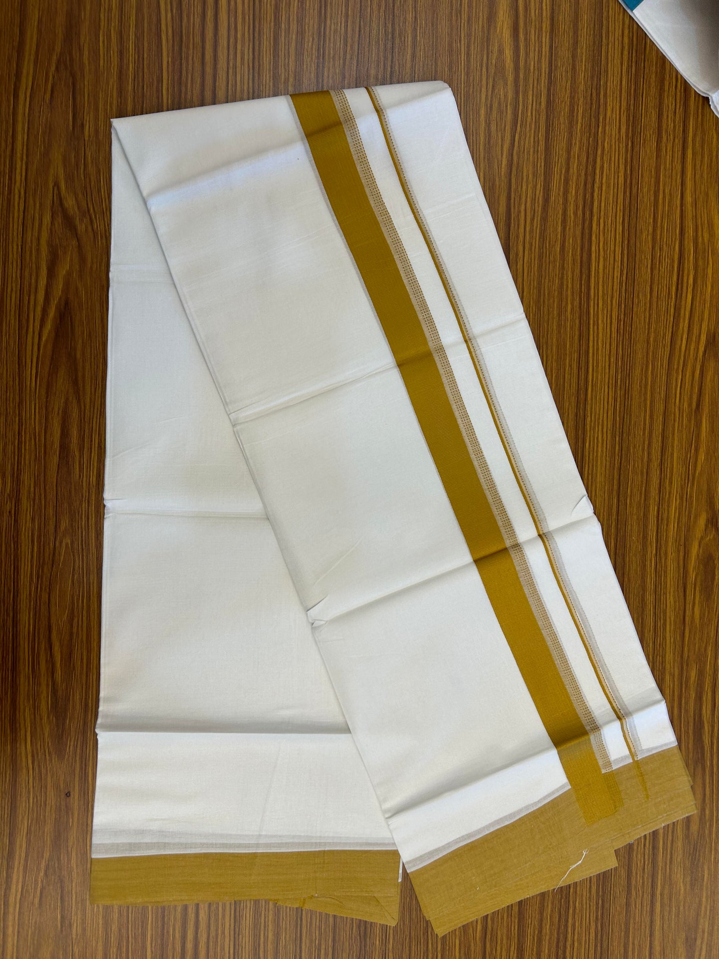 20% Discount ! Kaitharikada Balaramapuram 100% Cotton Pure White Double Mundu/Dothi - 100x80 - 1.5 inch Dark Mustard Shaded Stripes Kara 3.90 m (8 muzham) - 56 KK5364 MC