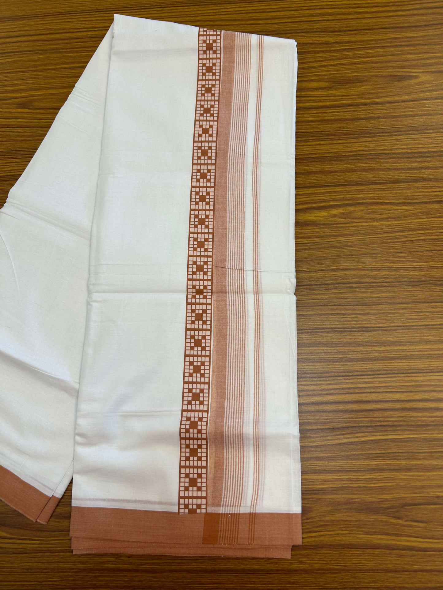 20% Discount ! KaithariKada Balaramapuram Cotton Double Pure white Mundu/Dhoti- 60s - 2.5 inch Brown Printed Shaded Stripes Design Kara - 3.65 mtr (8 muzham) - 36 KK5309 GAN