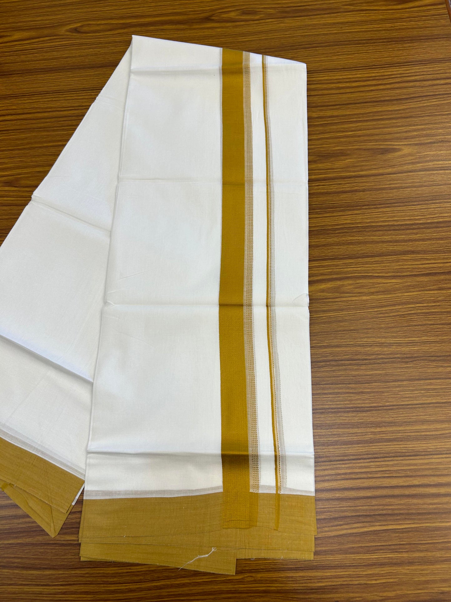 20% Discount ! Kaitharikada Balaramapuram 100% Cotton Pure White Double Mundu/Dothi - 100x80 - 1.5 inch Dark Mustard Shaded Stripes Kara 3.90 m (8 muzham) - 56 KK5364 MC