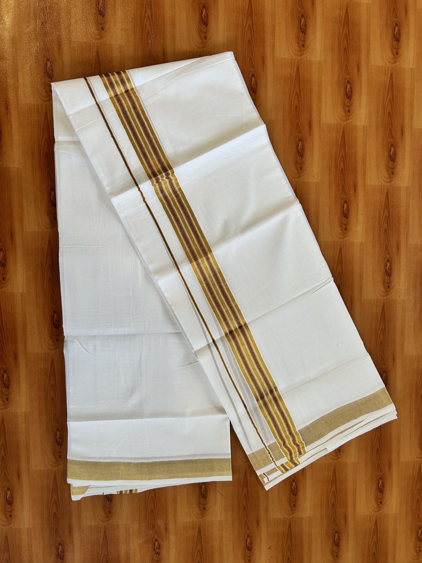 Double Pure White Mundu/Dhoti - 20% Discount!! Kaitharikada Balaramapuram Pure Cotton - 100s - 1.5 inch Maroon & Gold Kasav Stripes Kara 4 mtr (8.5 Muzham) - 12 KK5406 GAN