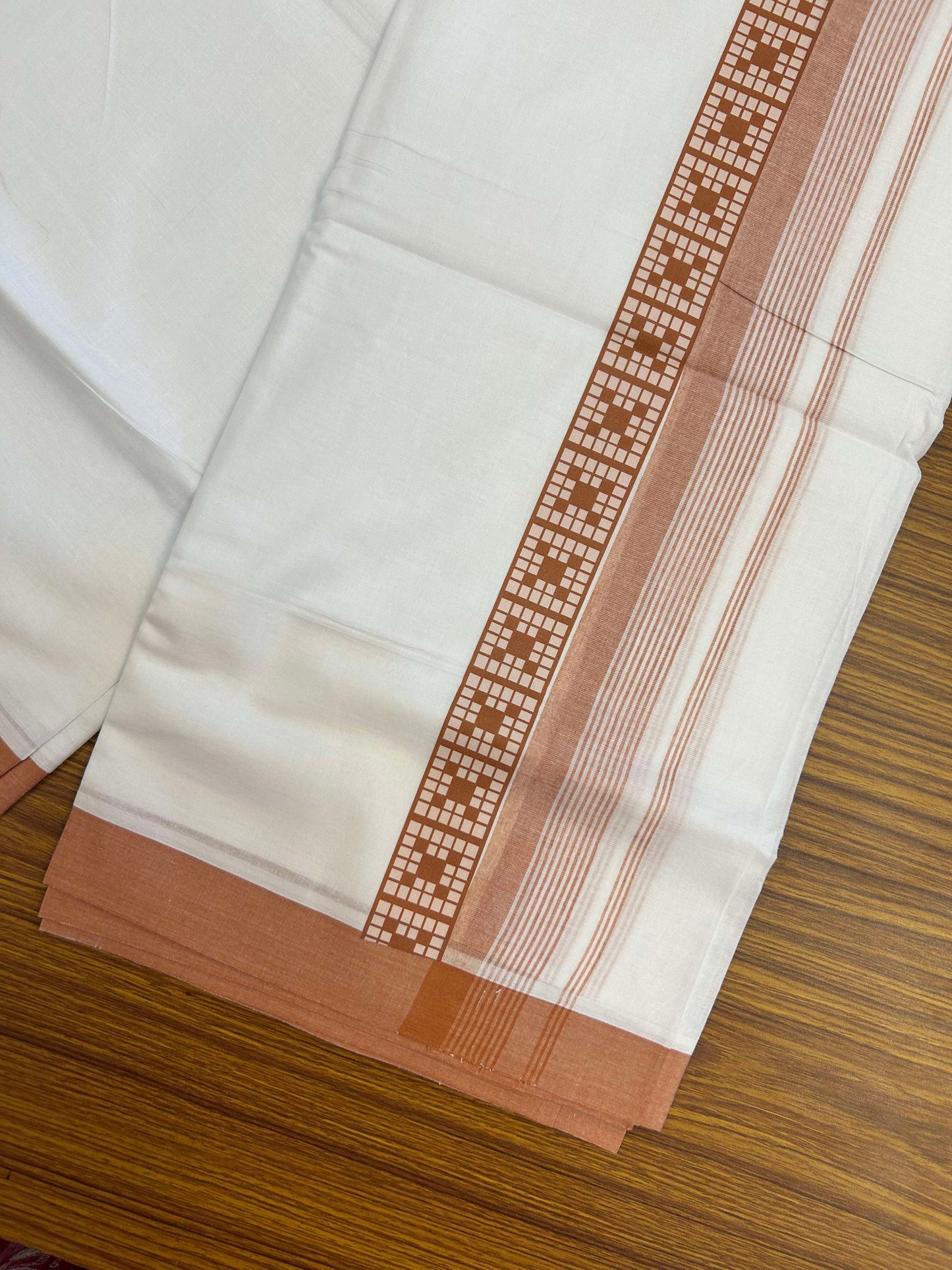 20% Discount ! KaithariKada Balaramapuram Cotton Double Pure white Mundu/Dhoti- 60s - 2.5 inch Brown Printed Shaded Stripes Design Kara - 3.65 mtr (8 muzham) - 36 KK5309 GAN
