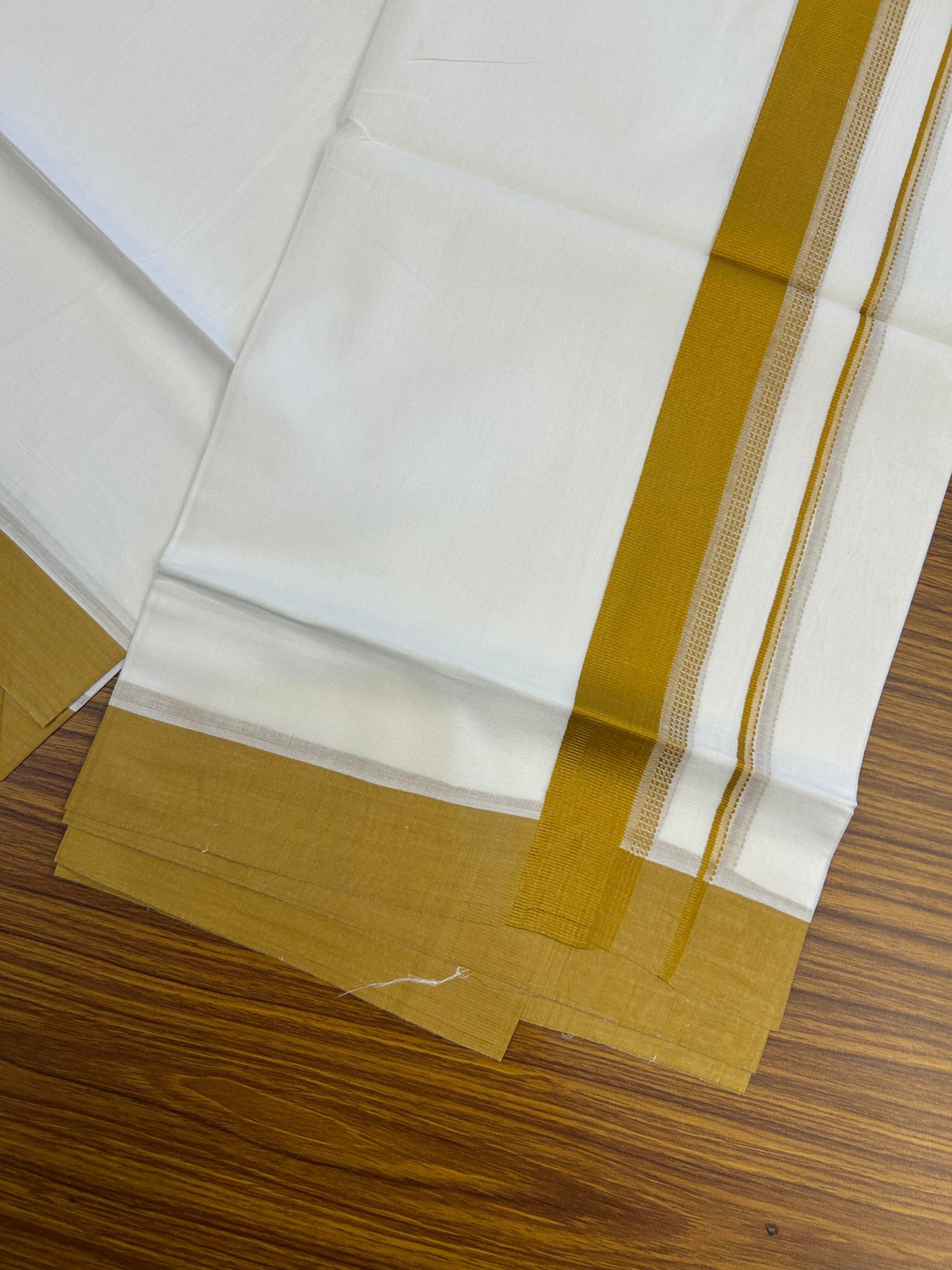 20% Discount ! Kaitharikada Balaramapuram 100% Cotton Pure White Double Mundu/Dothi - 100x80 - 1.5 inch Dark Mustard Shaded Stripes Kara 3.90 m (8 muzham) - 56 KK5364 MC