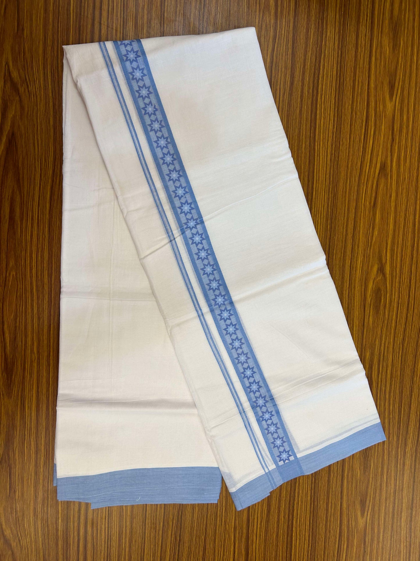20% Discount ! KaithariKada Balaramapuram Cotton Double Pure white Mundu/Dhoti- 60s - 1.5 inch Blue Printed Shaded Stripes Design Kara - 3.65 mtr (8 muzham) - 37 KK5309 GAN