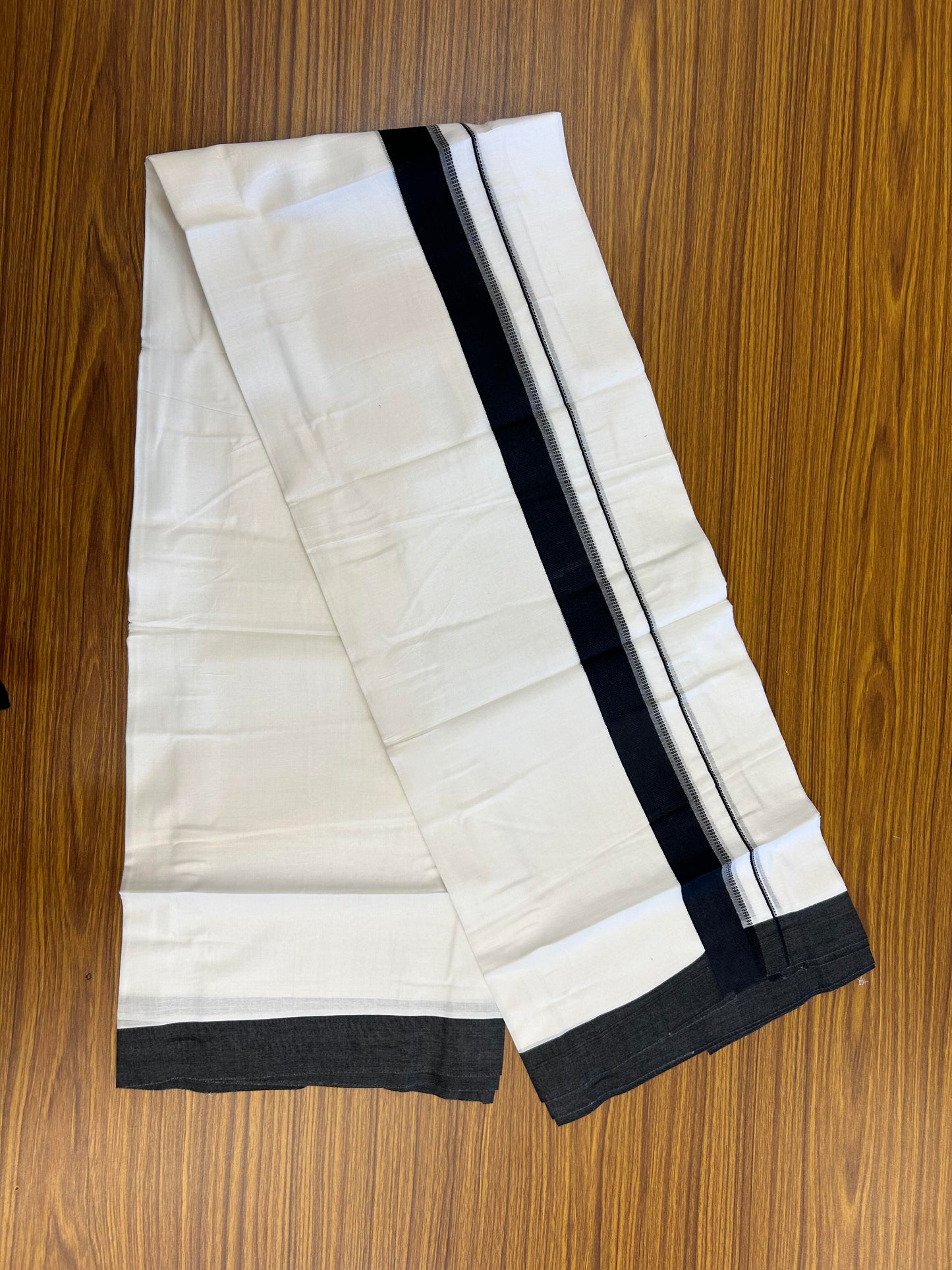 20% Discount ! Kaitharikada Balaramapuram 100% Cotton Pure White Double Mundu/Dothi - 100x80 - 1.5 inch Black Shaded Stripes Kara 3.90 m (8 muzham) - 43 KK5364 MC