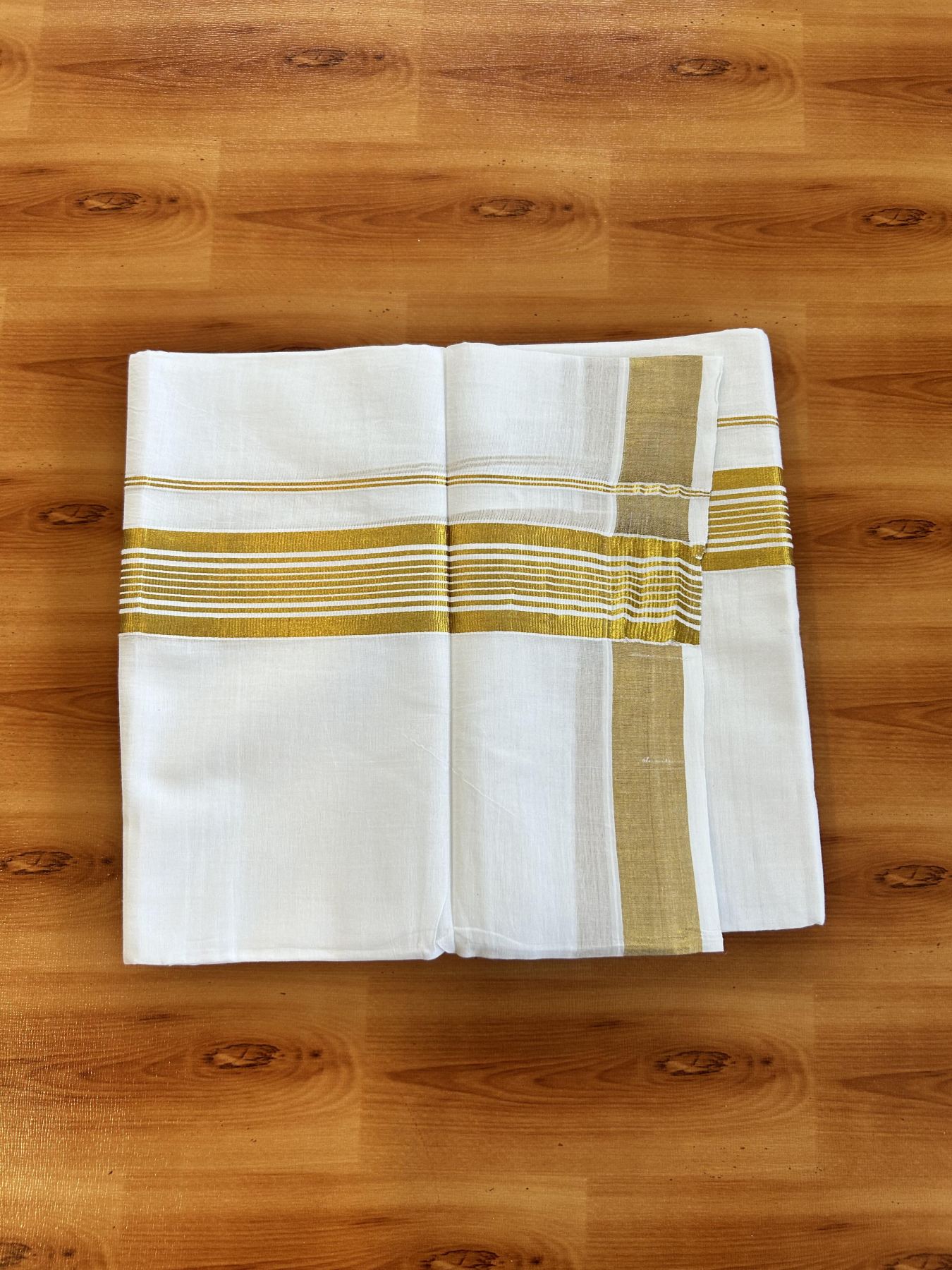 Double Pure White Mundu/Dhoti - 20% Discount!! Kaitharikada Balaramapuram Pure Cotton - 100s - 1.5 inch Gold Kasav Stripes Design Kara 4 mtr (8.5 Muzham) - 11 KK5406 GAN