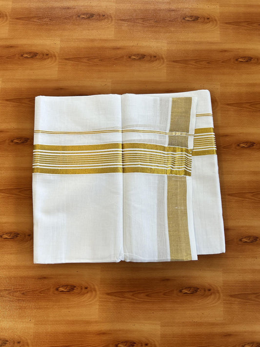 Double Pure White Mundu/Dhoti - 20% Discount!! Kaitharikada Balaramapuram Pure Cotton - 100s - 1.5 inch Gold Kasav Stripes Design Kara 4 mtr (8.5 Muzham) - 11 KK5406 GAN