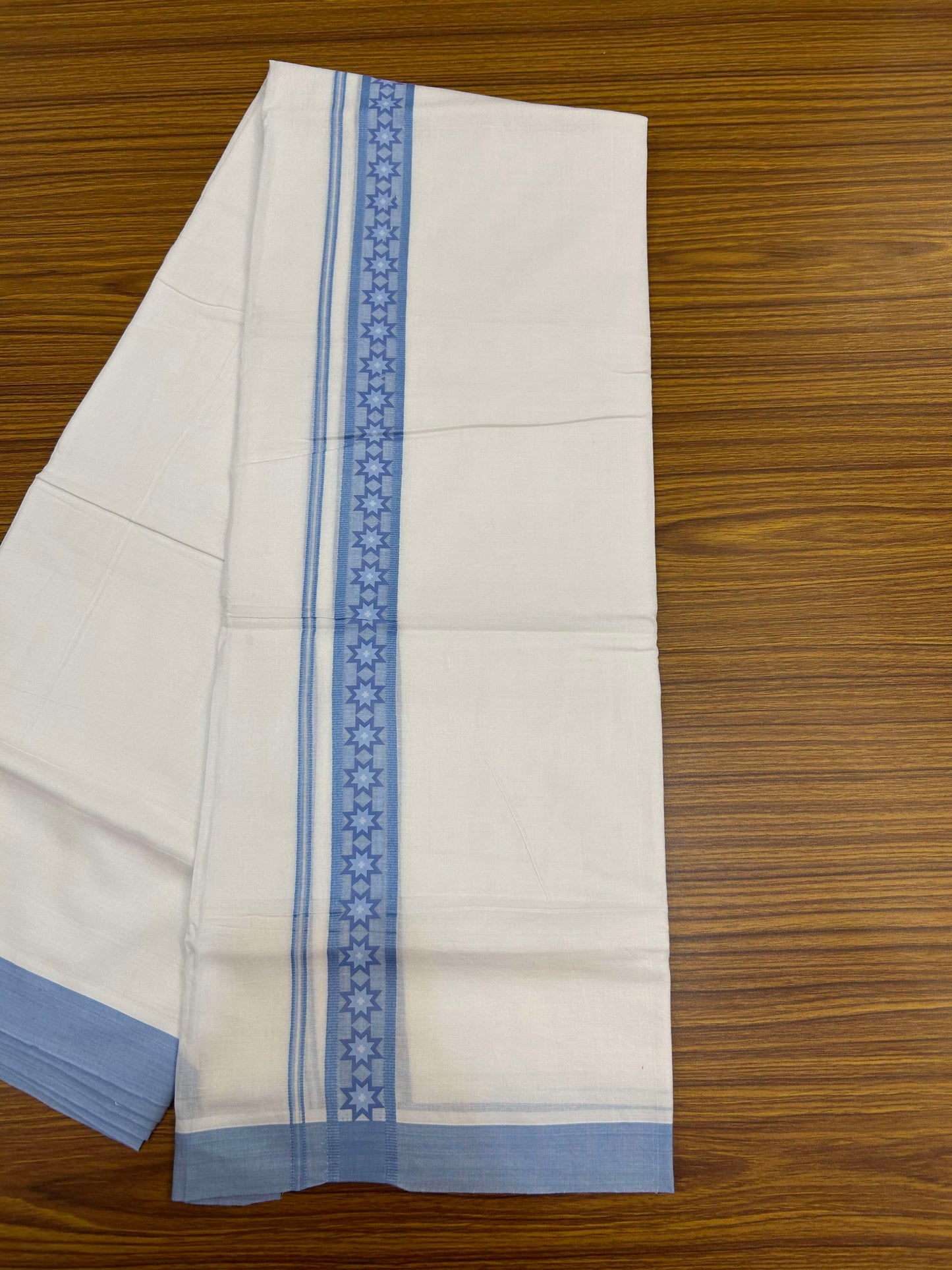 20% Discount ! KaithariKada Balaramapuram Cotton Double Pure white Mundu/Dhoti- 60s - 1.5 inch Blue Printed Shaded Stripes Design Kara - 3.65 mtr (8 muzham) - 37 KK5309 GAN