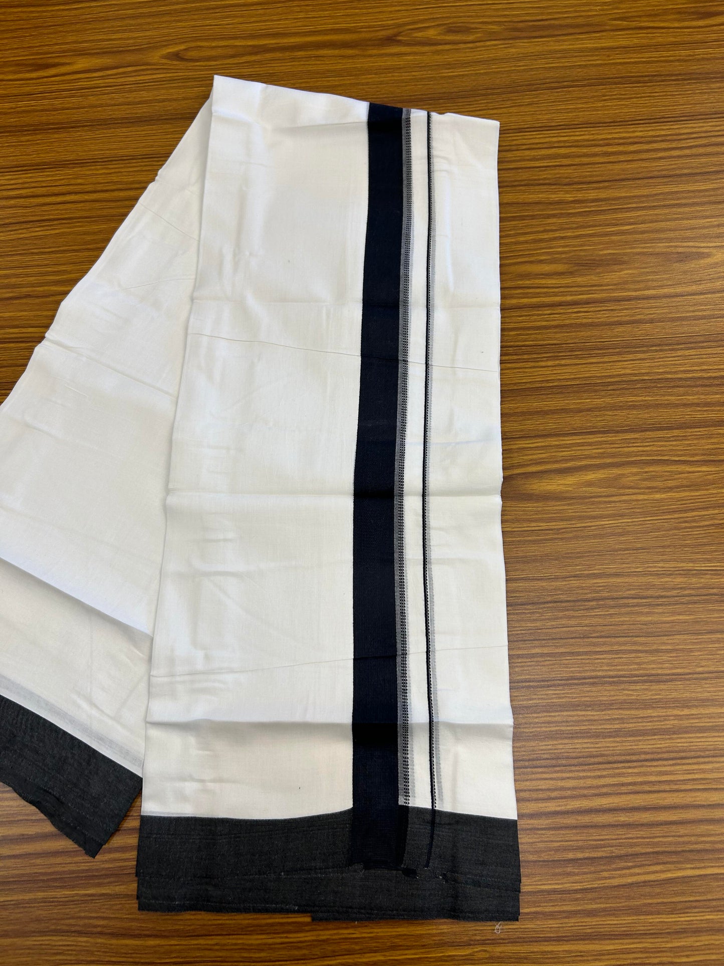 20% Discount ! Kaitharikada Balaramapuram 100% Cotton Pure White Double Mundu/Dothi - 100x80 - 1.5 inch Black Shaded Stripes Kara 3.90 m (8 muzham) - 43 KK5364 MC