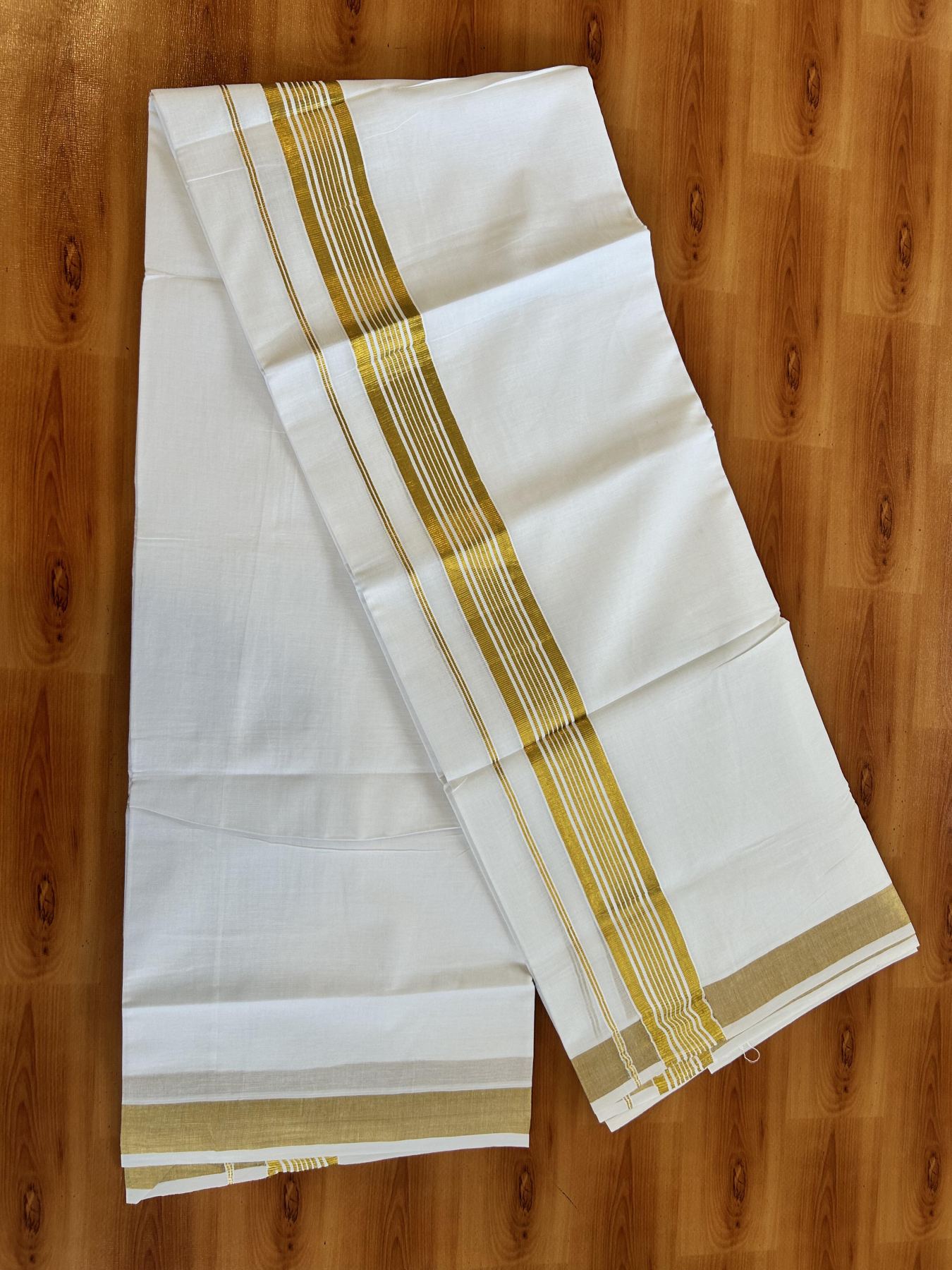 Double Pure White Mundu/Dhoti - 20% Discount!! Kaitharikada Balaramapuram Pure Cotton - 100s - 1.5 inch Gold Kasav Stripes Design Kara 4 mtr (8.5 Muzham) - 11 KK5406 GAN