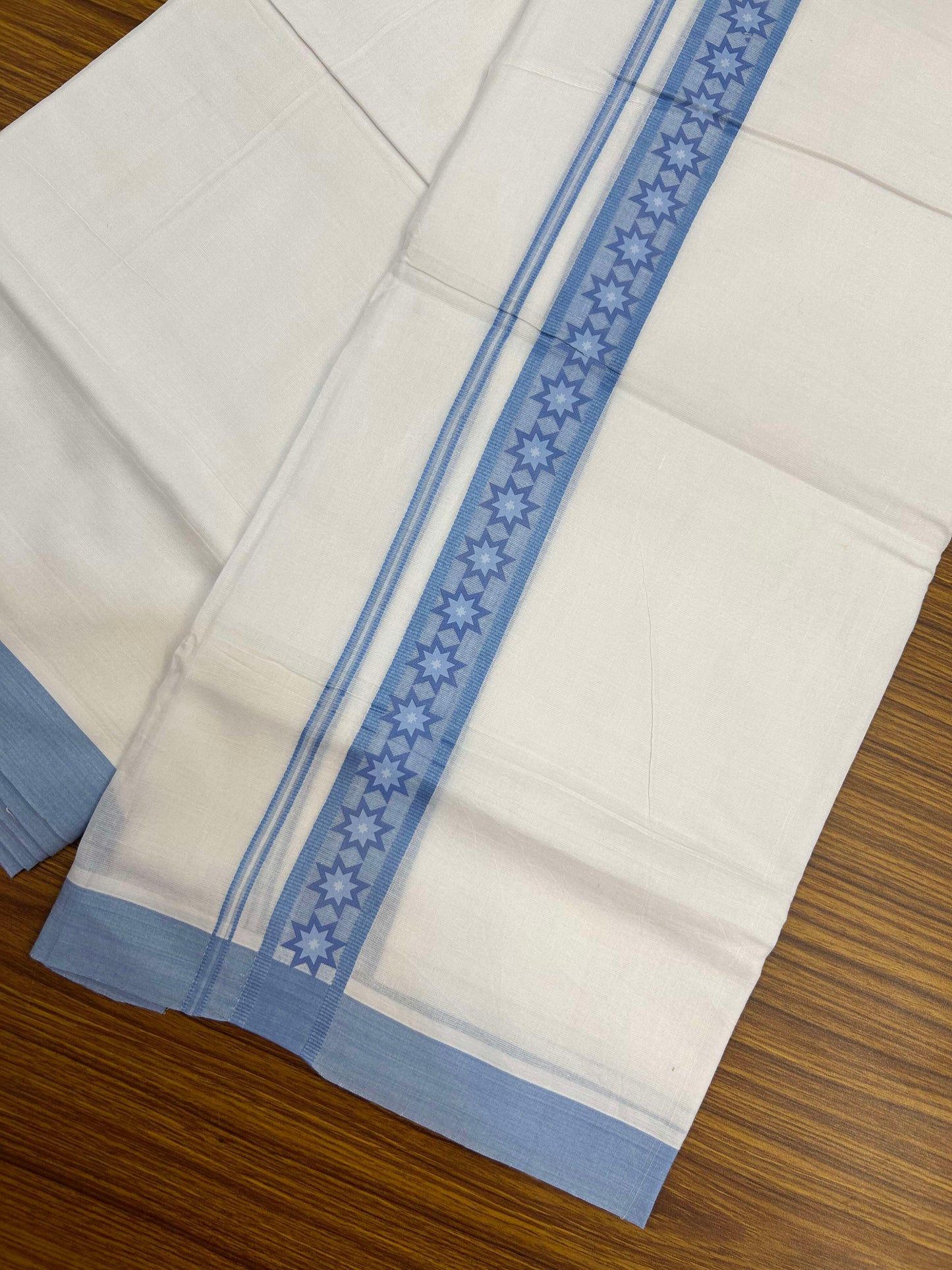 20% Discount ! KaithariKada Balaramapuram Cotton Double Pure white Mundu/Dhoti- 60s - 1.5 inch Blue Printed Shaded Stripes Design Kara - 3.65 mtr (8 muzham) - 37 KK5309 GAN