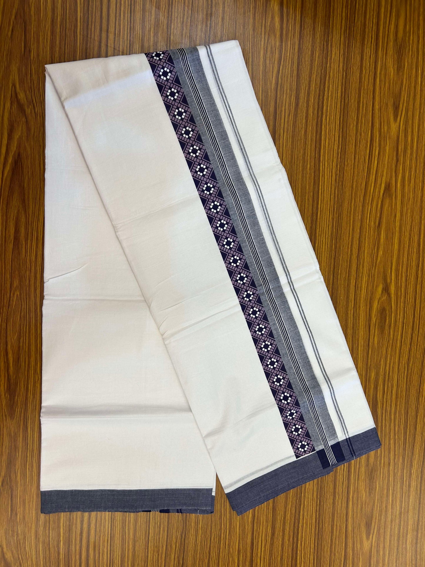 20% Discount ! KaithariKada Balaramapuram Cotton Double Pure white Mundu/Dhoti- 60s - 1.5 inch Navy Blue & Purple Printed Shaded Stripes Design Kara - 3.65 mtr (8 muzham) - 38 KK5309 GAN