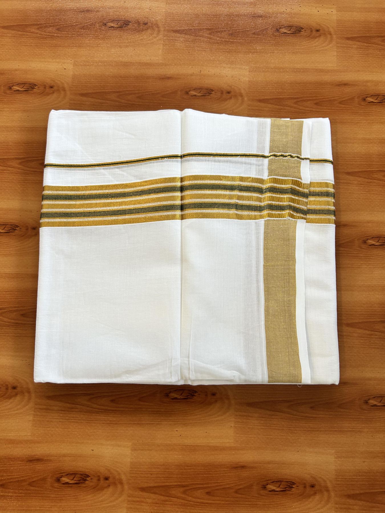Double Pure White Mundu/Dhoti - 20% Discount!! Kaitharikada Balaramapuram Pure Cotton - 100s - 1.5 inch Dark  Green & Gold Kasav Stripes Kara 4 mtr (8.5 Muzham) - 15 KK5406 GAN