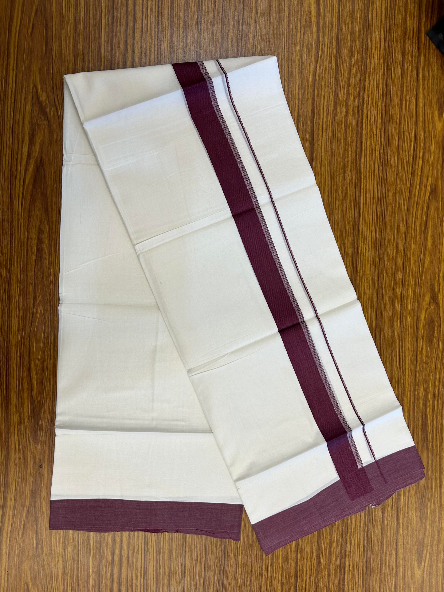 20% Discount ! Kaitharikada Balaramapuram 100% Cotton Pure White Double Mundu/Dothi - 100x80 - 1.5 inch Wine Purple Shaded Stripes Kara 3.90 m (8 muzham) - 57 KK5364 MC