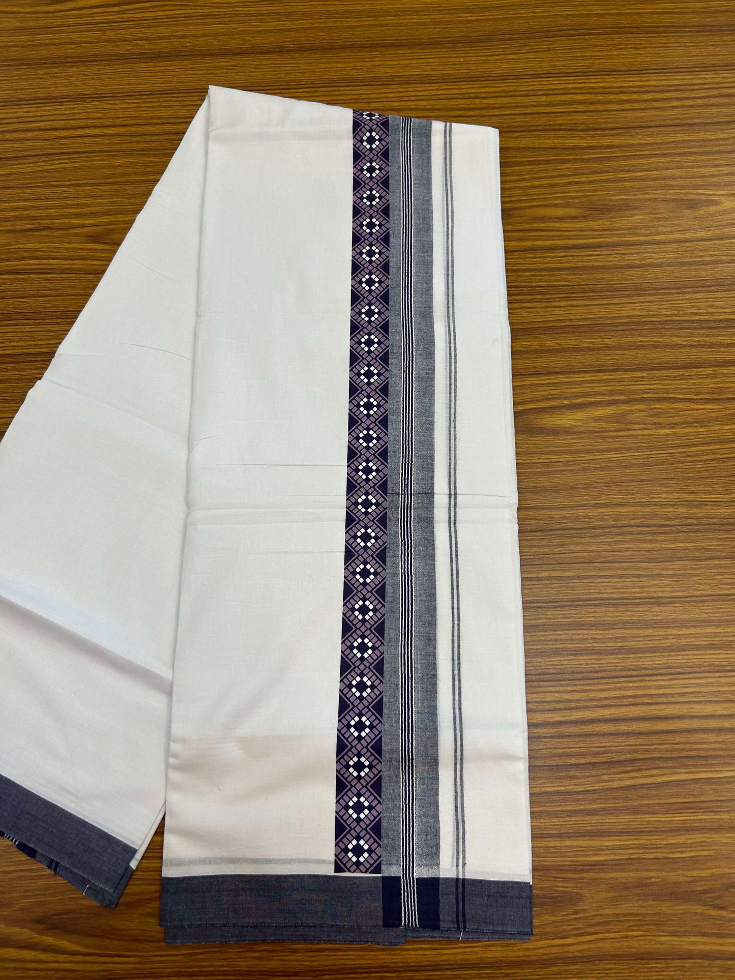 20% Discount ! KaithariKada Balaramapuram Cotton Double Pure white Mundu/Dhoti- 60s - 1.5 inch Navy Blue & Purple Printed Shaded Stripes Design Kara - 3.65 mtr (8 muzham) - 38 KK5309 GAN
