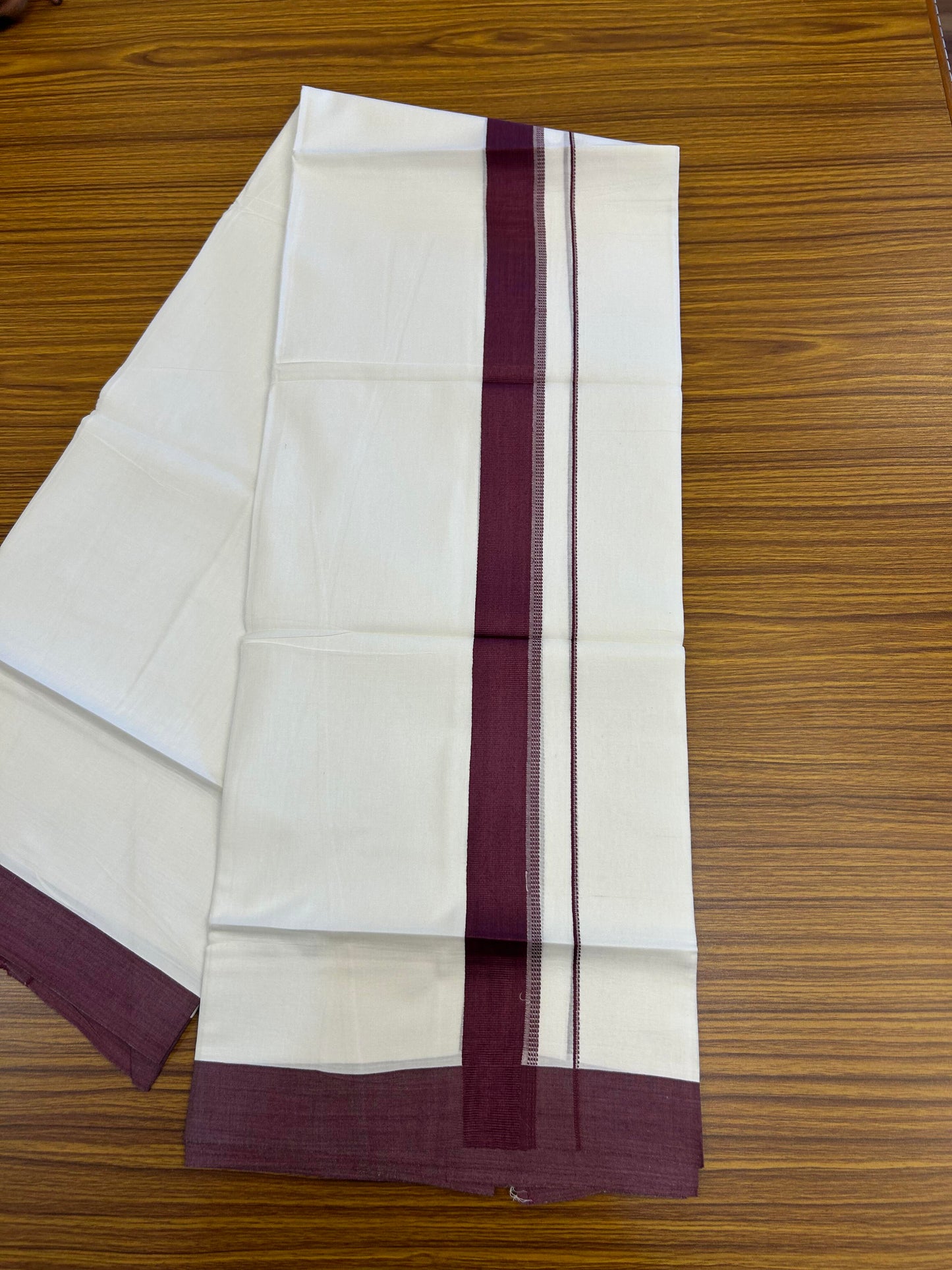 20% Discount ! Kaitharikada Balaramapuram 100% Cotton Pure White Double Mundu/Dothi - 100x80 - 1.5 inch Wine Purple Shaded Stripes Kara 3.90 m (8 muzham) - 57 KK5364 MC
