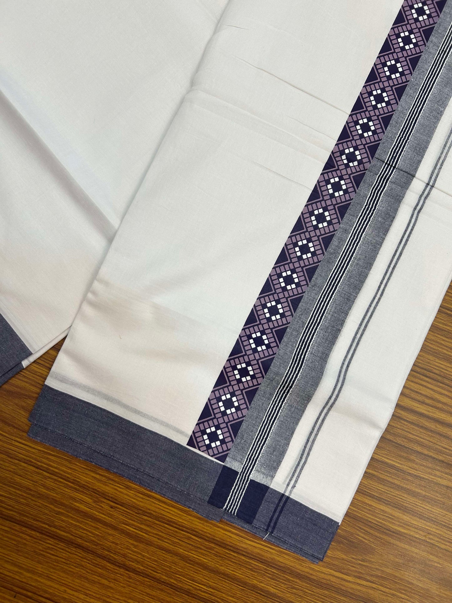 20% Discount ! KaithariKada Balaramapuram Cotton Double Pure white Mundu/Dhoti- 60s - 1.5 inch Navy Blue & Purple Printed Shaded Stripes Design Kara - 3.65 mtr (8 muzham) - 38 KK5309 GAN